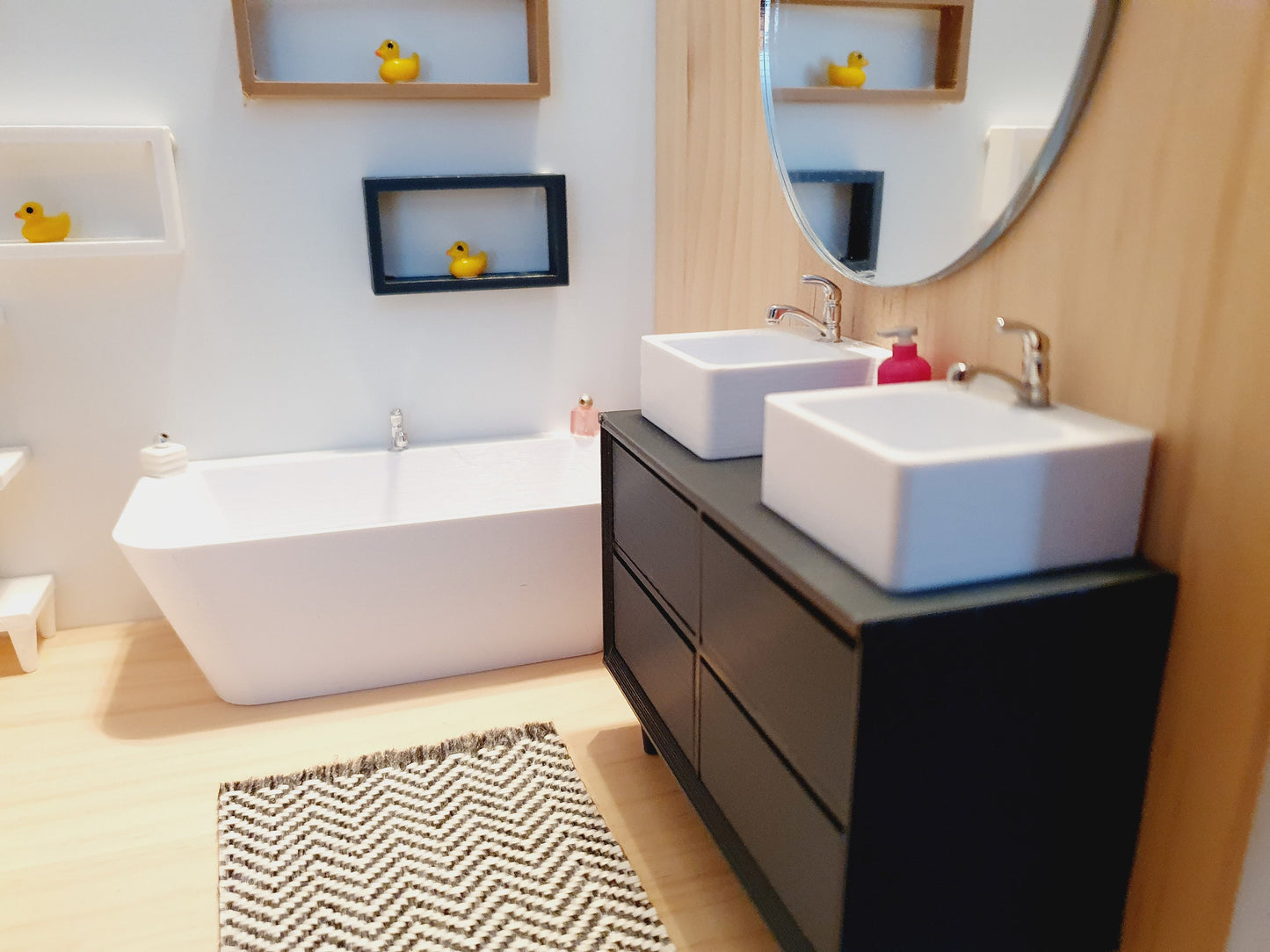 Dolls House Modern Bathroom Vanity Unit with 2x Square or Round Sinks, Choice of Colours 1:12th Scale, Miniature Sink