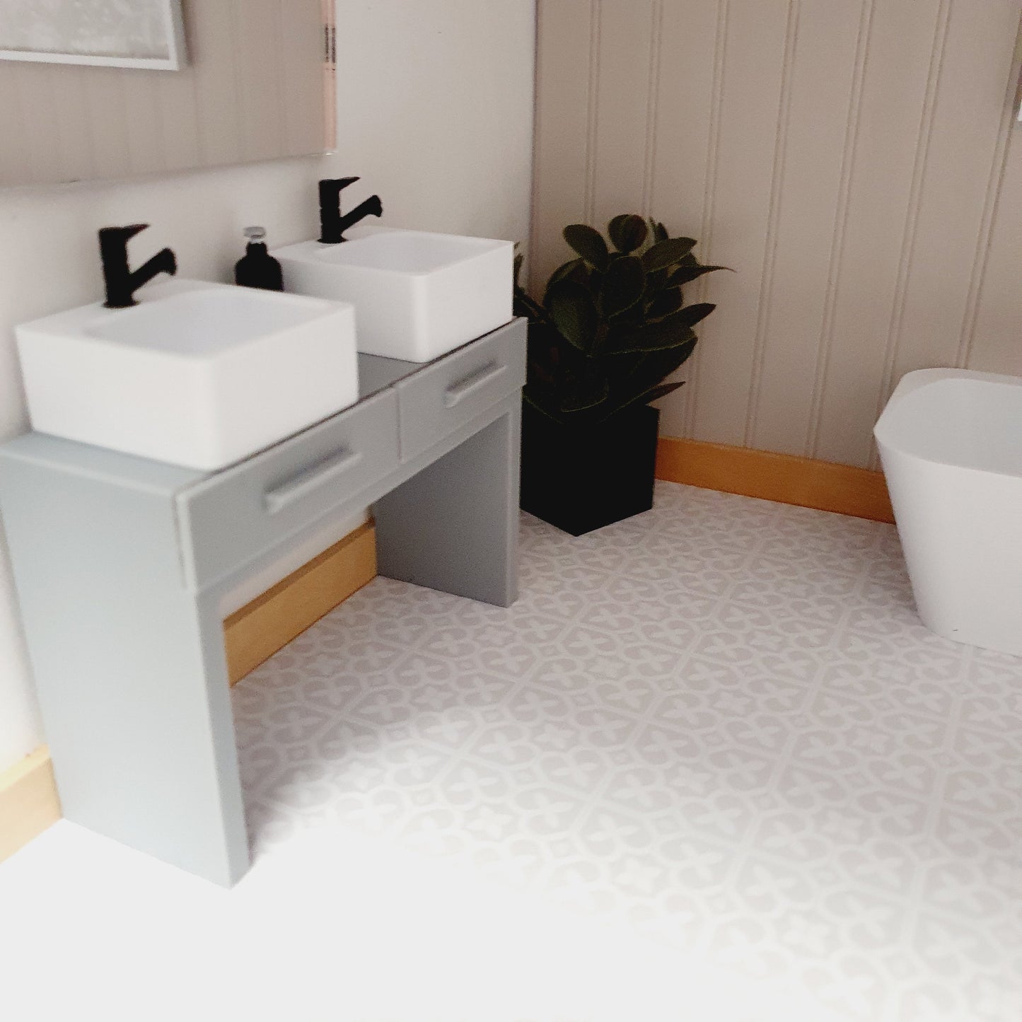 Dolls House Modern Vanity Stand, 2x Opening Drawers with 2x White Round or Square Sink with black taps 1:12th Scale, Miniature (VA-DT)