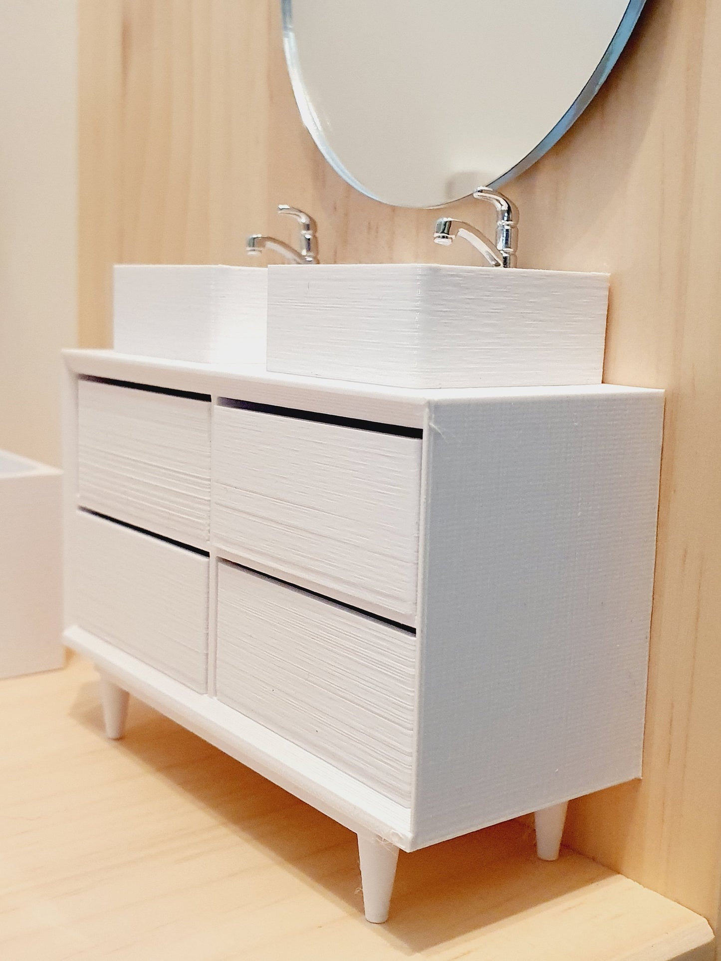 Dolls House Modern Bathroom Vanity Unit with 2x Square or Round Sinks, Choice of Colours 1:12th Scale, Miniature Sink