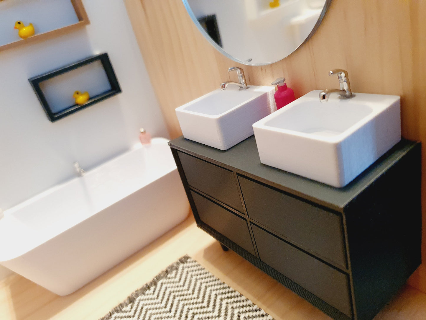 Dolls House Modern Bathroom Vanity Unit with 2x Square or Round Sinks, Choice of Colours 1:12th Scale, Miniature Sink
