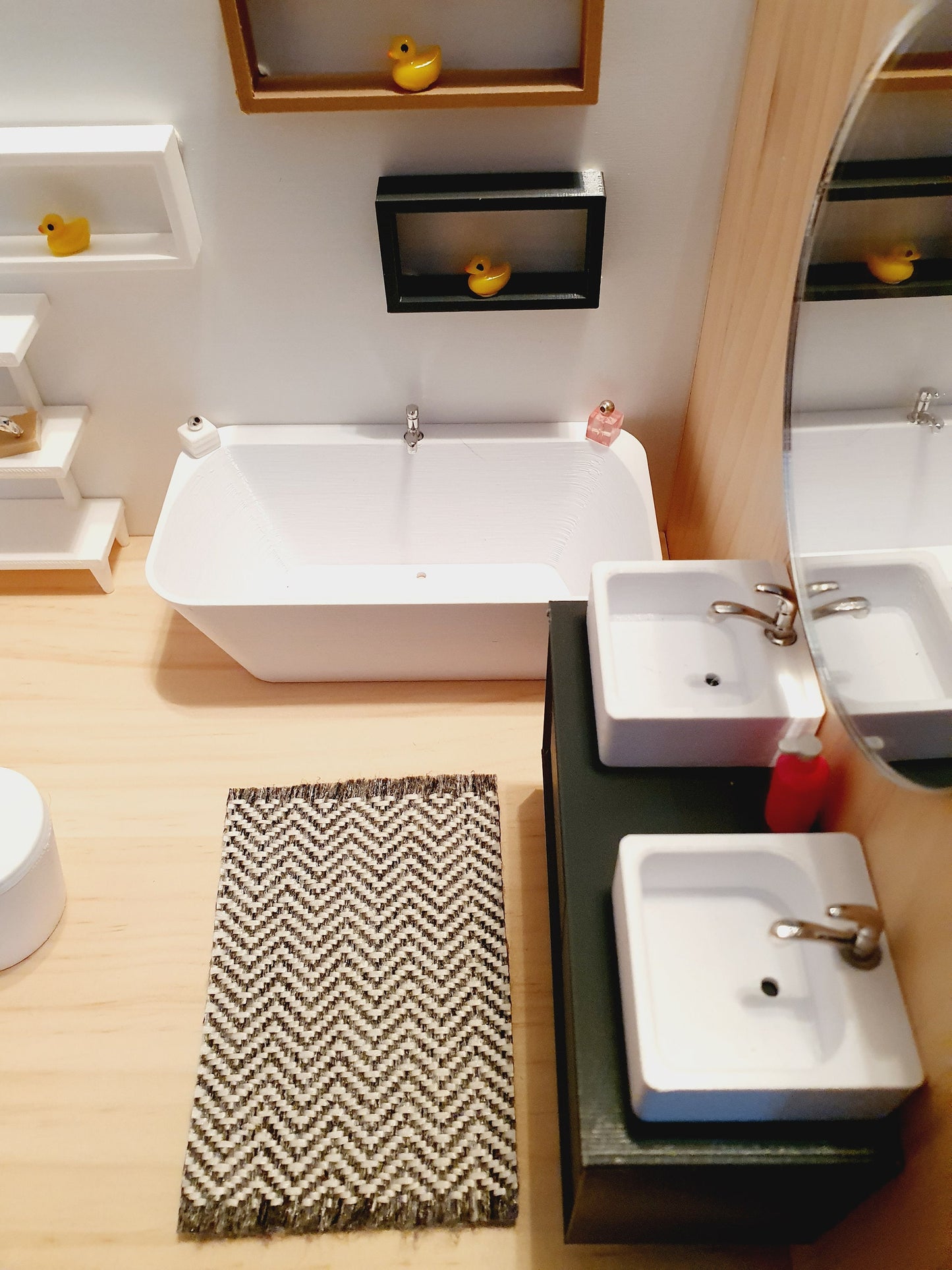 Dolls House Modern Bathroom Vanity Unit with 2x Square or Round Sinks, Choice of Colours 1:12th Scale, Miniature Sink