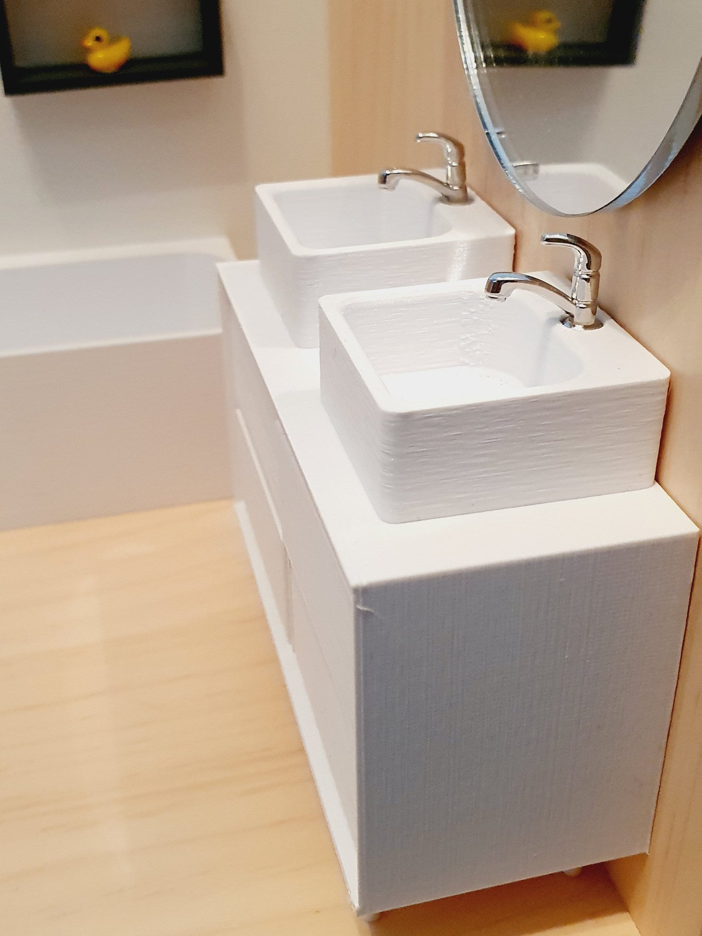 Dolls House Modern Bathroom Vanity Unit with 2x Square or Round Sinks, Choice of Colours 1:12th Scale, Miniature Sink