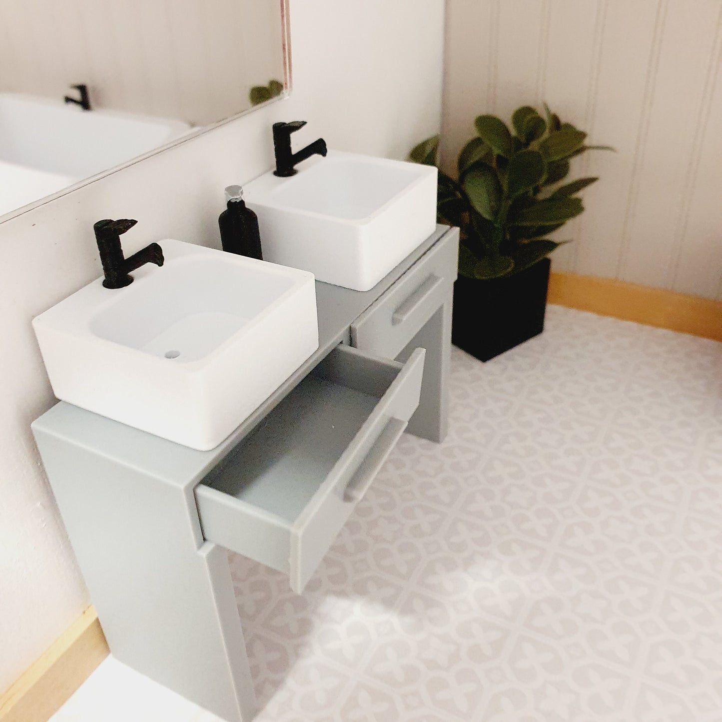 Dolls House Modern Vanity Stand, 2x Opening Drawers with 2x White Round or Square Sink with black taps 1:12th Scale, Miniature (VA-DT)
