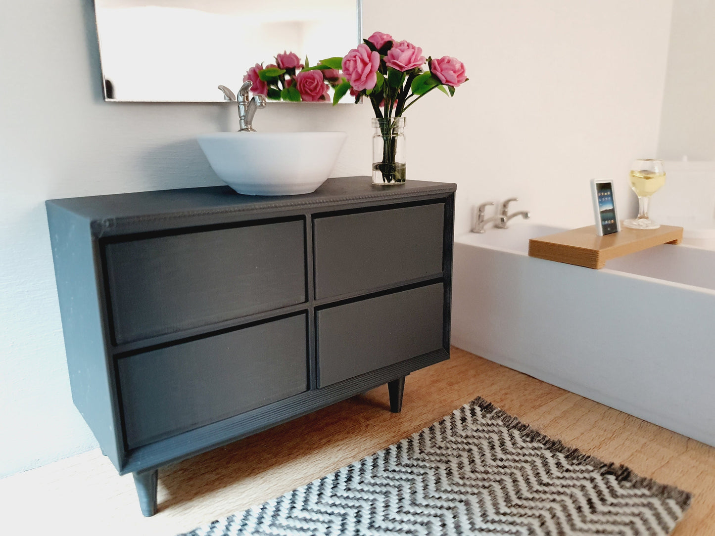 Dolls House Modern Bathroom Vanity Unit with a Round or Square Sink, Choice of Colours 1:12th Scale, Miniature Sink