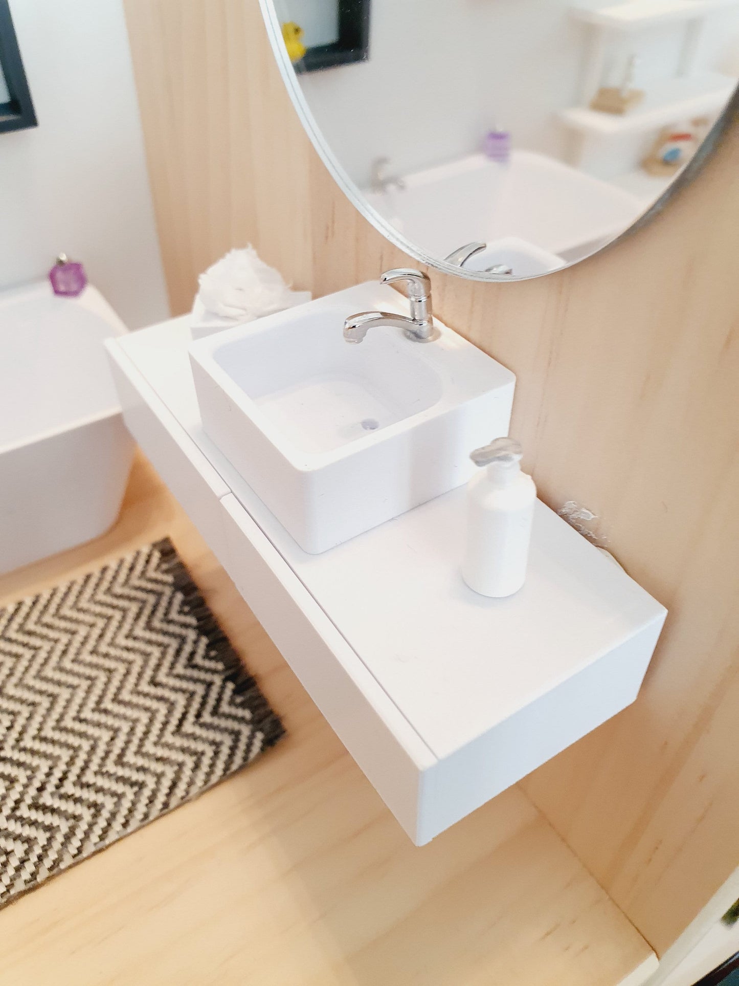 Dolls House Modern White Bathroom Vanity with White Round or Square Sink 1:12th Scale, Miniature (FVA-2)