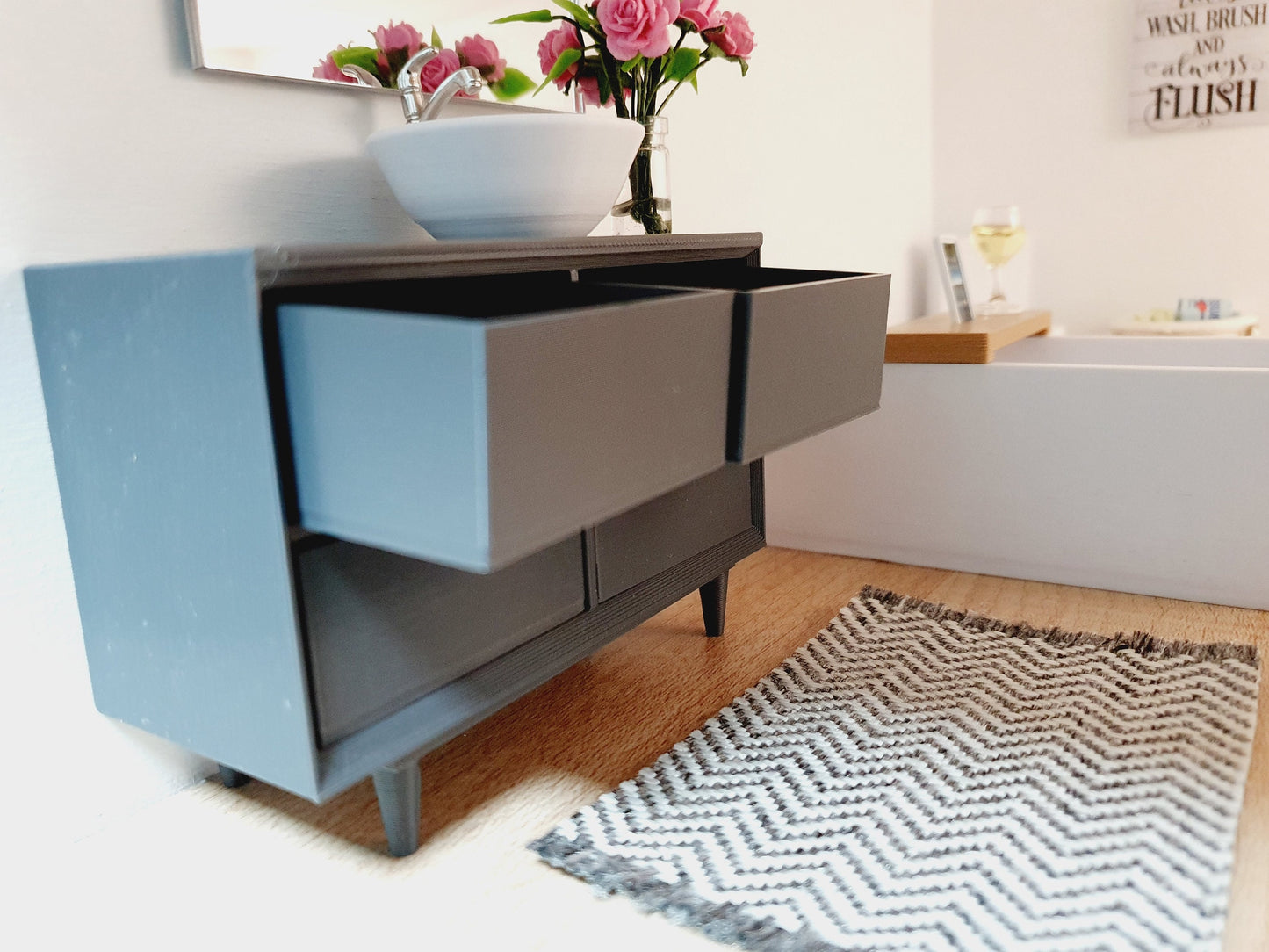 Dolls House Modern Bathroom Vanity Unit with a Round or Square Sink, Choice of Colours 1:12th Scale, Miniature Sink
