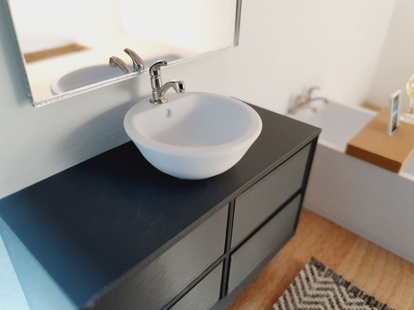 Dolls House Modern Bathroom Vanity Unit with a Round or Square Sink, Choice of Colours 1:12th Scale, Miniature Sink