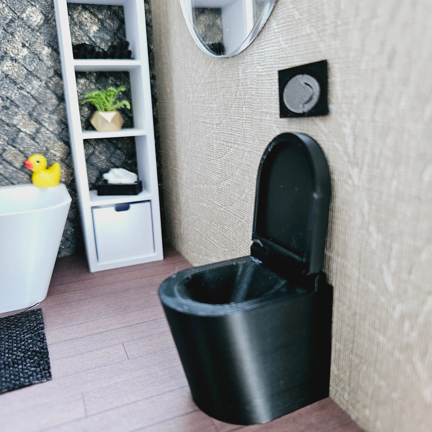 Dolls House Black Modern Back to Wall Toilet With Working Hinged Toilet Lid, 12th Scale, Miniature Toilet, Miniature Bathroom (T2)
