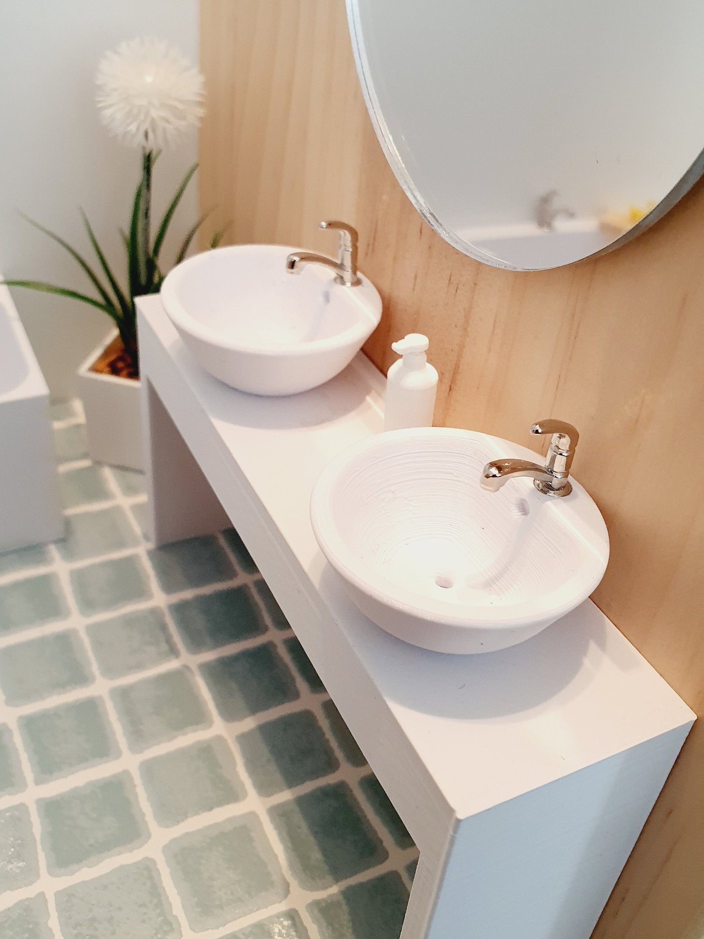 Dolls House Modern Vanity Stand with 2x White Round or Square Sink 1:12th Scale, Miniature Vanity Unit (VA-BB)