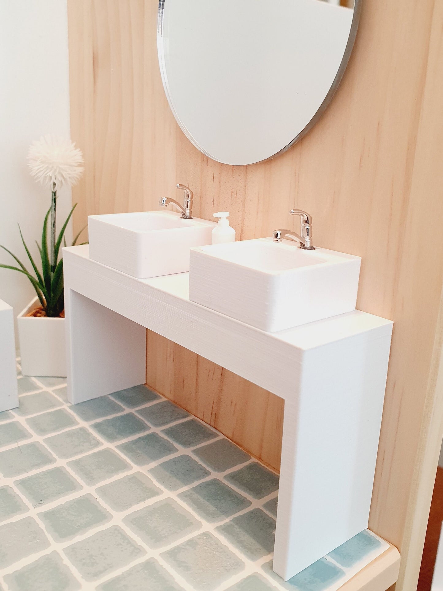 Dolls House Modern Vanity Stand with 2x White Round or Square Sink 1:12th Scale, Miniature Vanity Unit (VA-BB)