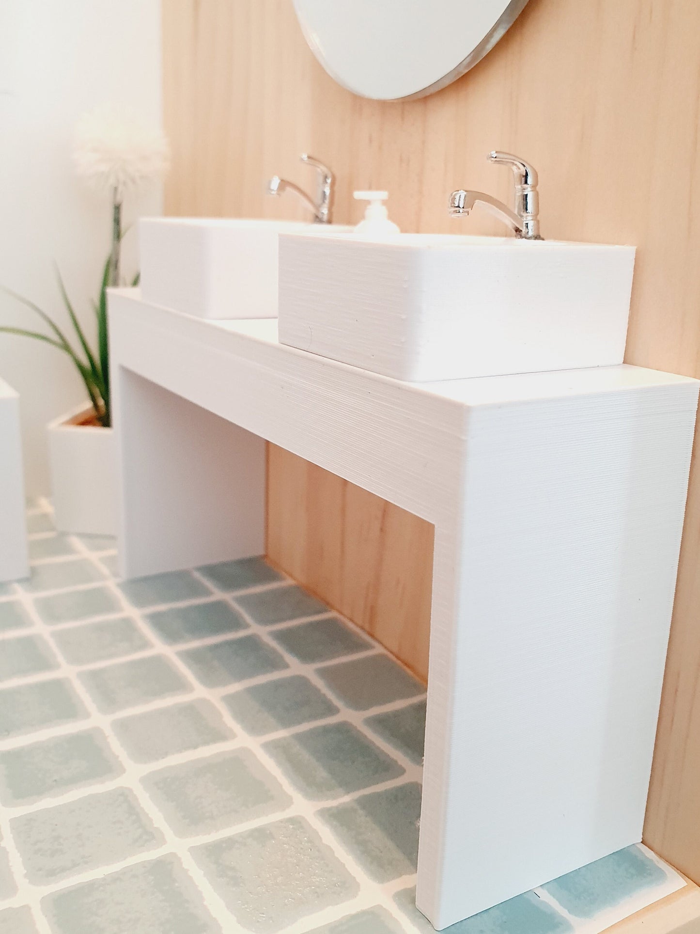 Dolls House Modern Vanity Stand with 2x White Round or Square Sink 1:12th Scale, Miniature Vanity Unit (VA-BB)