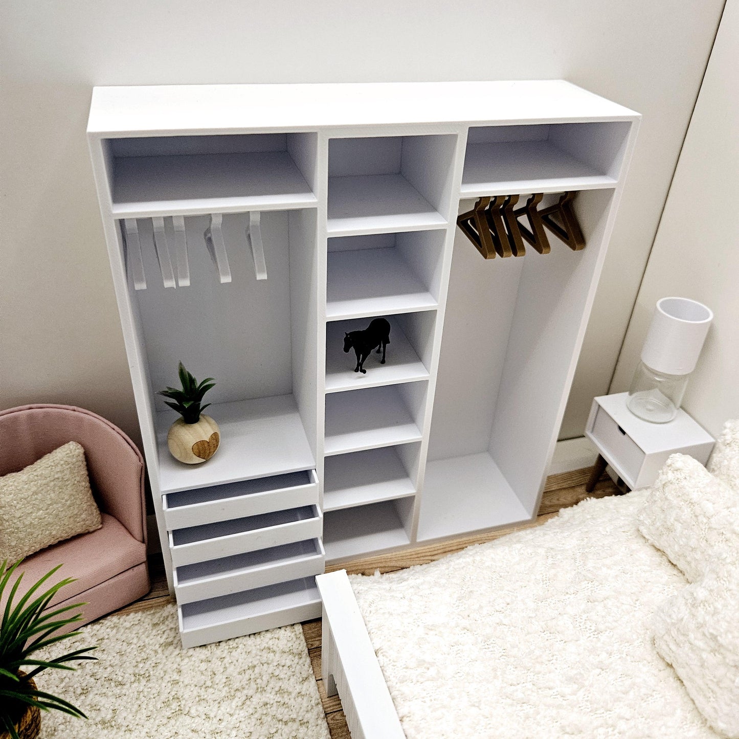 Dolls House Open Wardrobe Storage Unit – Modern Bedroom Organisation, 12th scale, inch scale Miniature Furniture