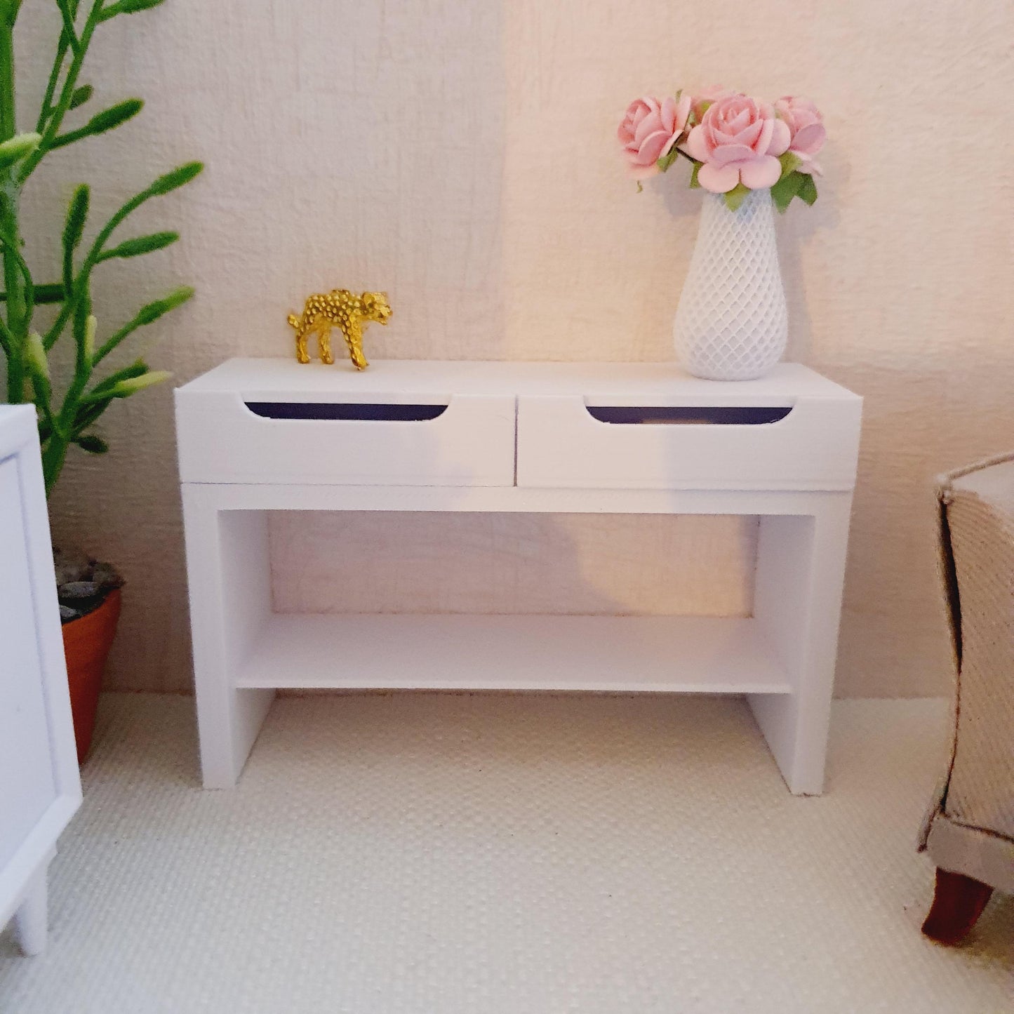 Dolls House Modern Dressing Table/ Console Table with 2x Opening Drawers, with a bottom shelf, 12th Scale, Miniature