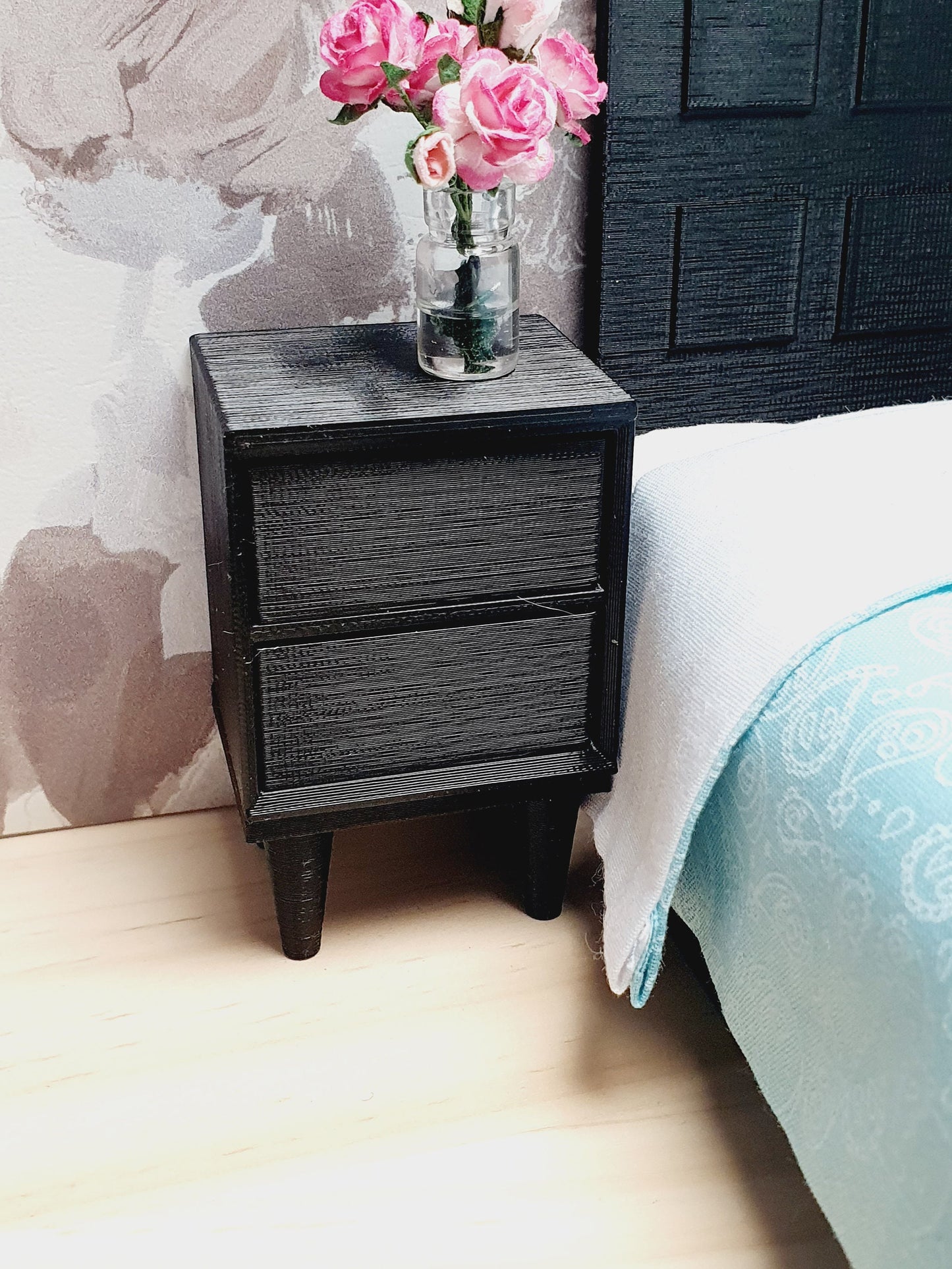 Dolls House Modern Bedside Table with 2 Drawers, 1:12th Scale, Miniature Side Table
