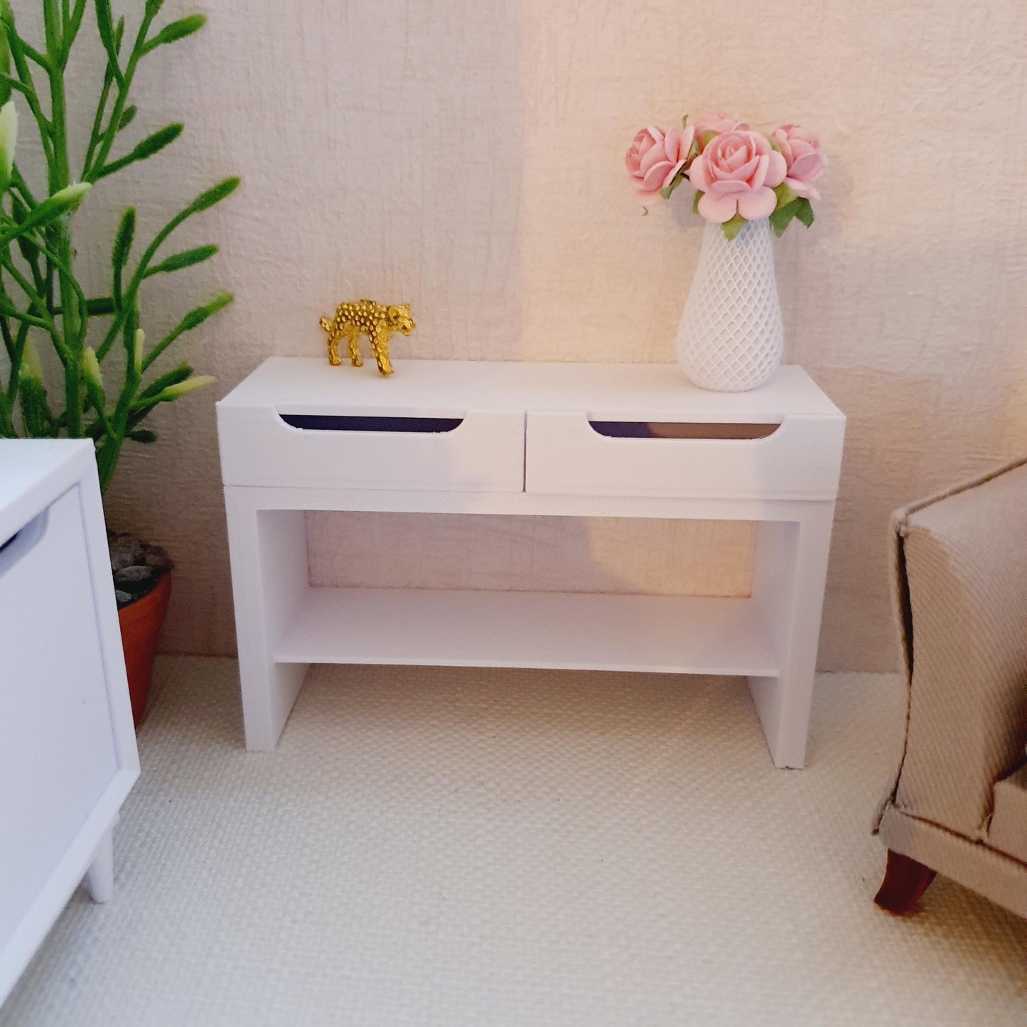 Dolls House Modern Dressing Table/ Console Table with 2x Opening Drawers, with a bottom shelf, 12th Scale, Miniature