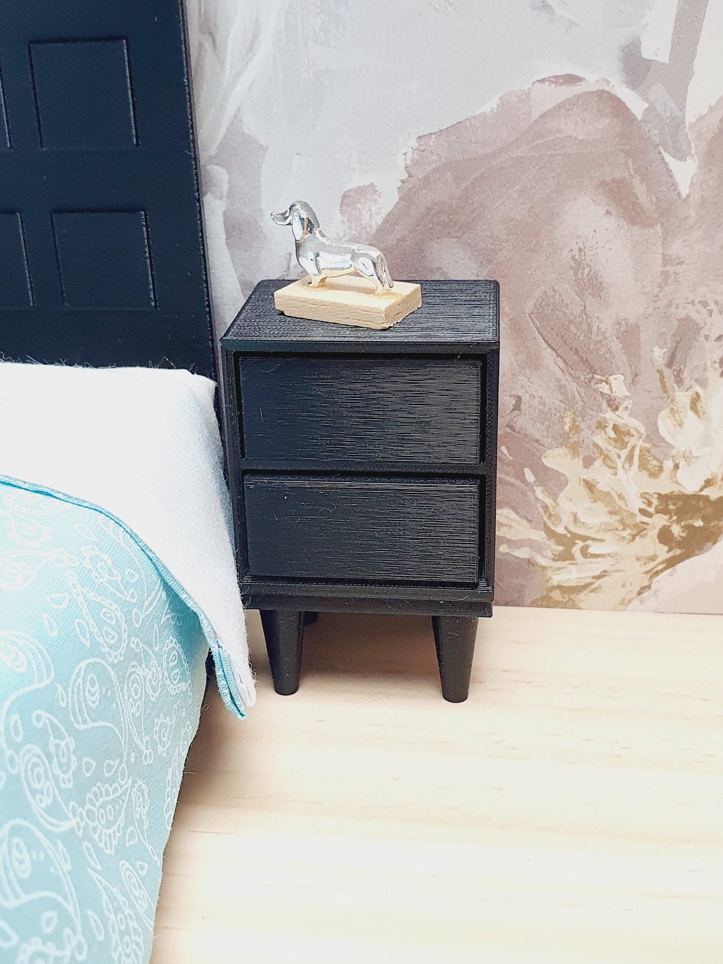 Dolls House Modern Bedside Table with 2 Drawers, 1:12th Scale, Miniature Side Table