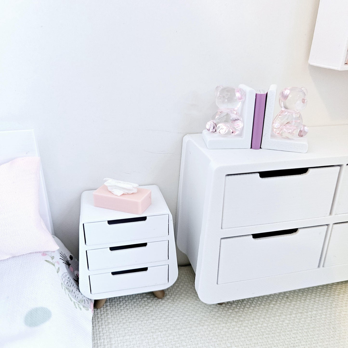 Dolls House 12th Scale Bedside Table - Inch Scale Night Stand - Modern 3 drawer unit