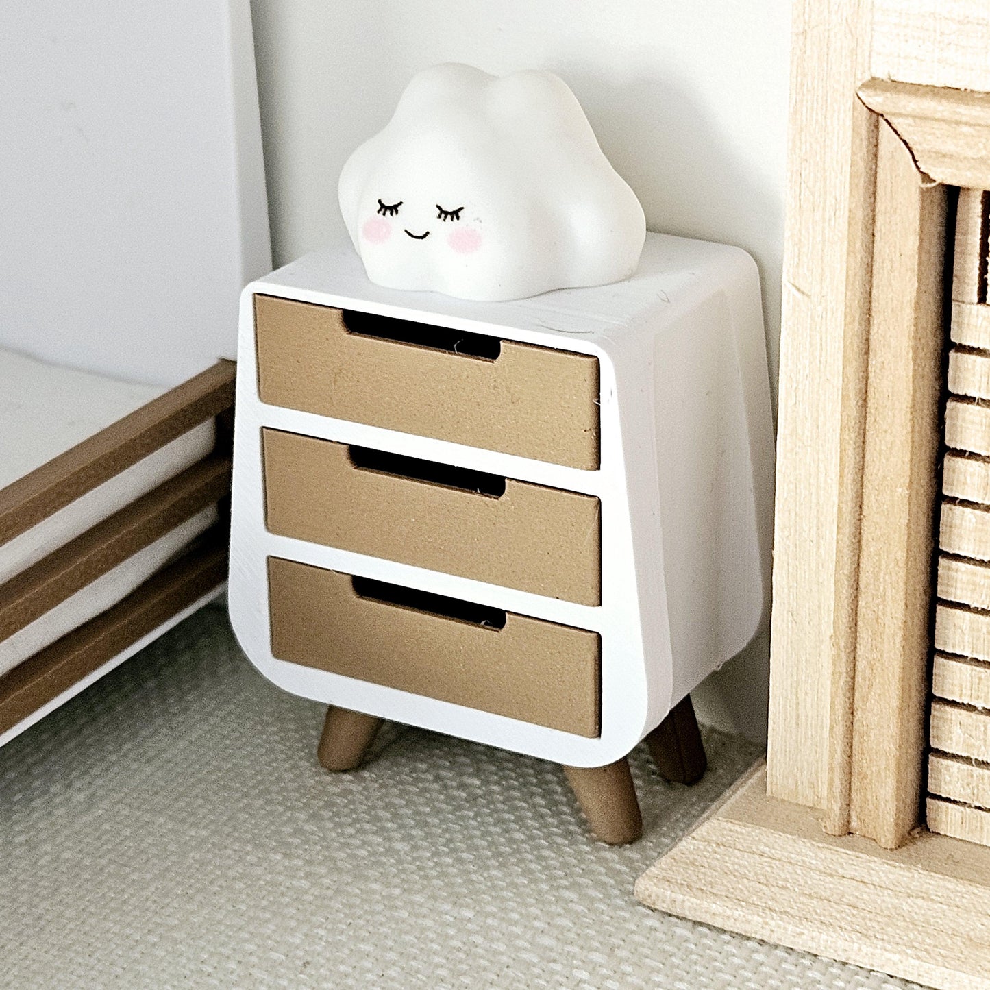 Dolls House 12th Scale Bedside Table - Inch Scale Night Stand - Modern 3 drawer unit