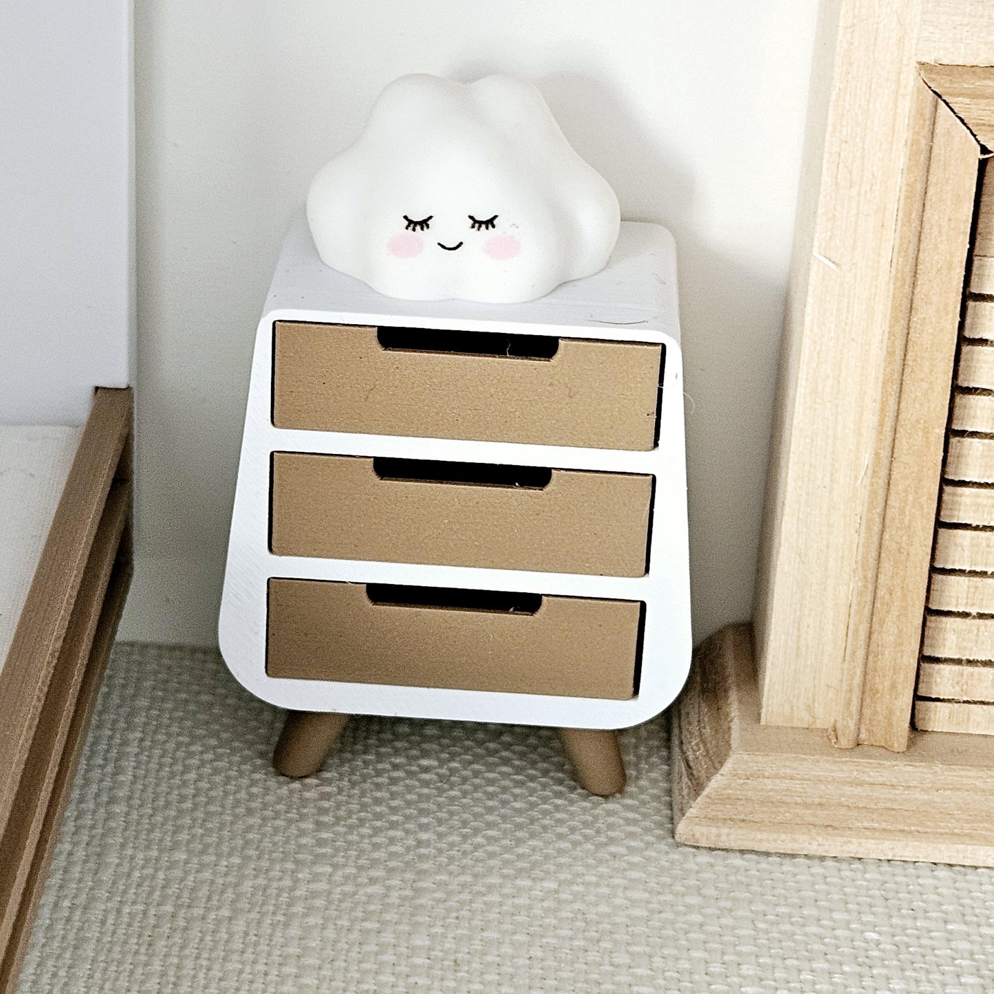 Dolls House 12th Scale Bedside Table - Inch Scale Night Stand - Modern 3 drawer unit