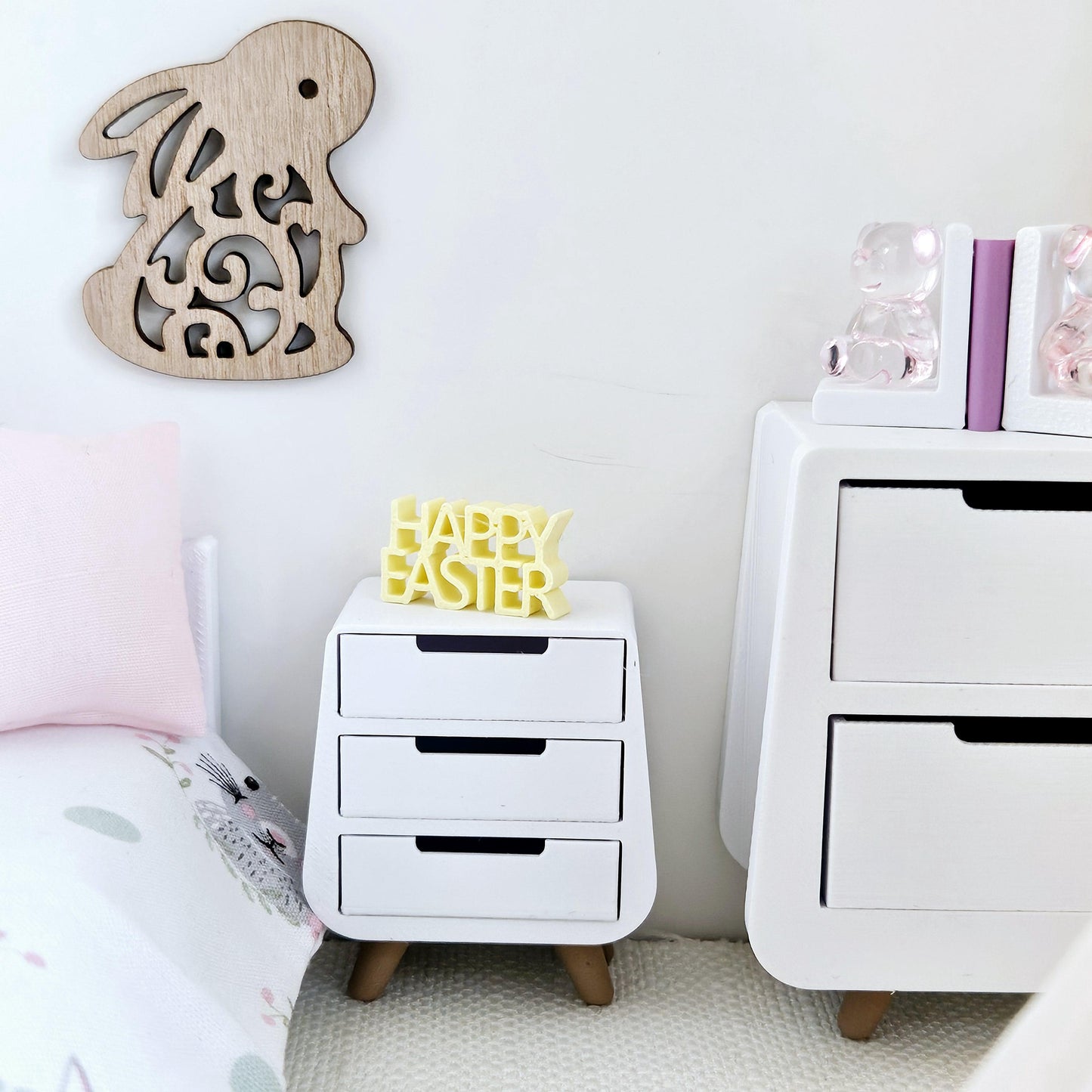 Dolls House 12th Scale Bedside Table - Inch Scale Night Stand - Modern 3 drawer unit