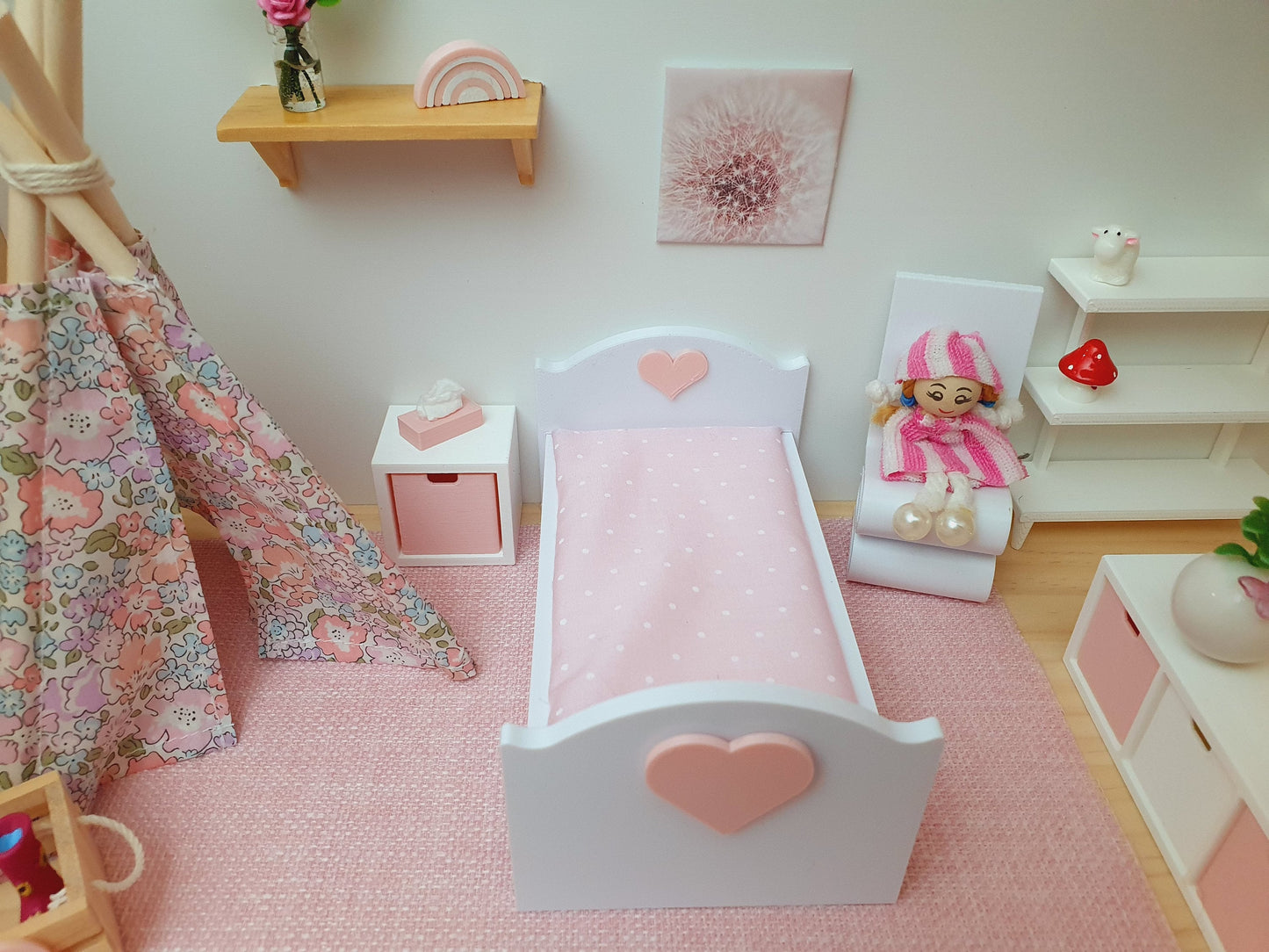 Dolls House Heart Junior Bed, Modern Doll House Furniture. 1:12th Scale, Miniature Bed