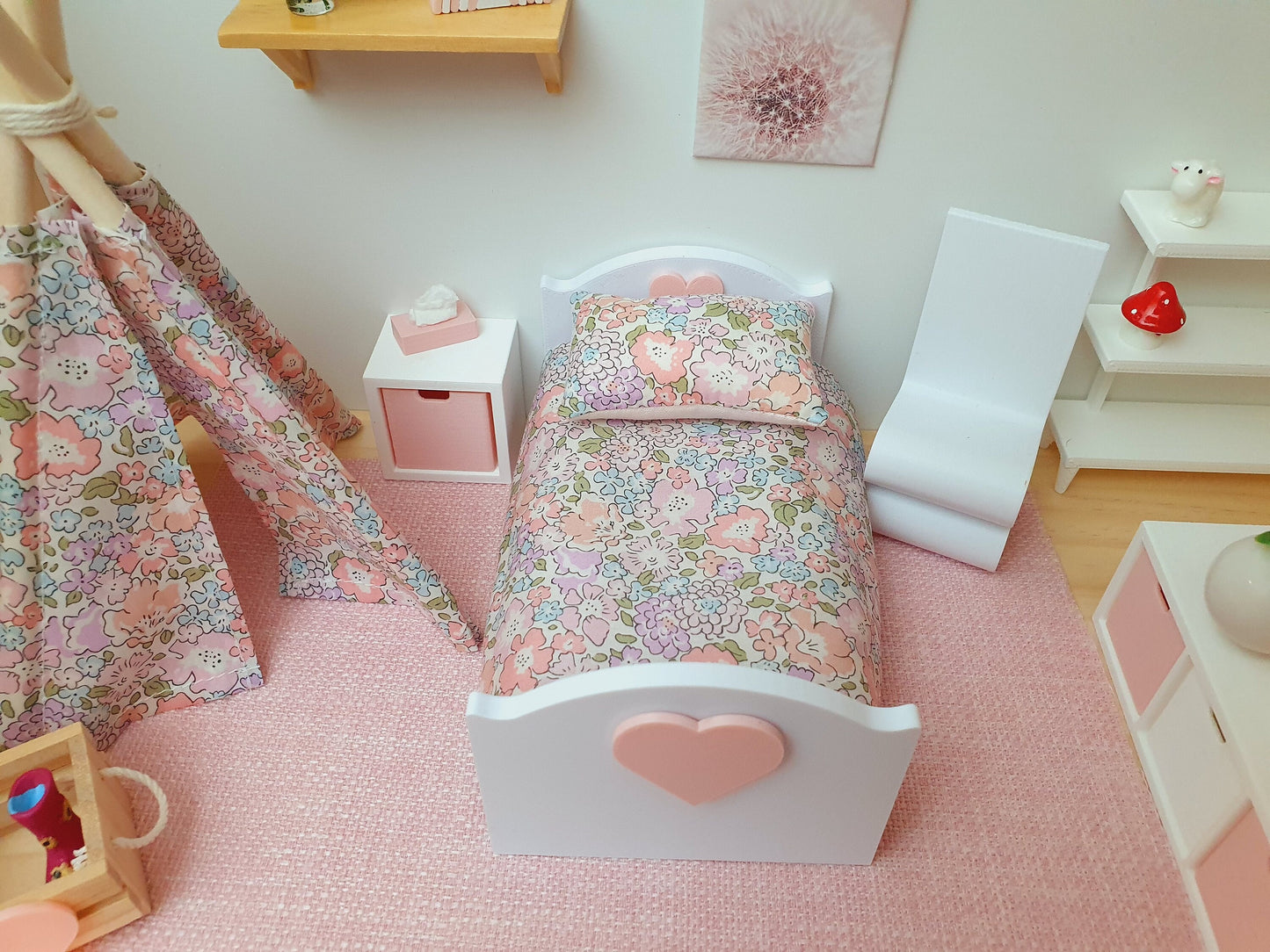 Dolls House Heart Junior Bed, Modern Doll House Furniture. 1:12th Scale, Miniature Bed