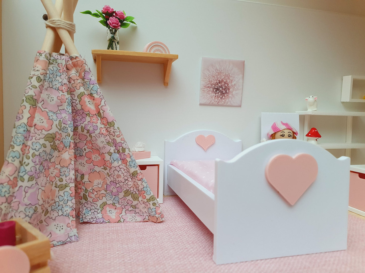 Dolls House Heart Junior Bed, Modern Doll House Furniture. 1:12th Scale, Miniature Bed