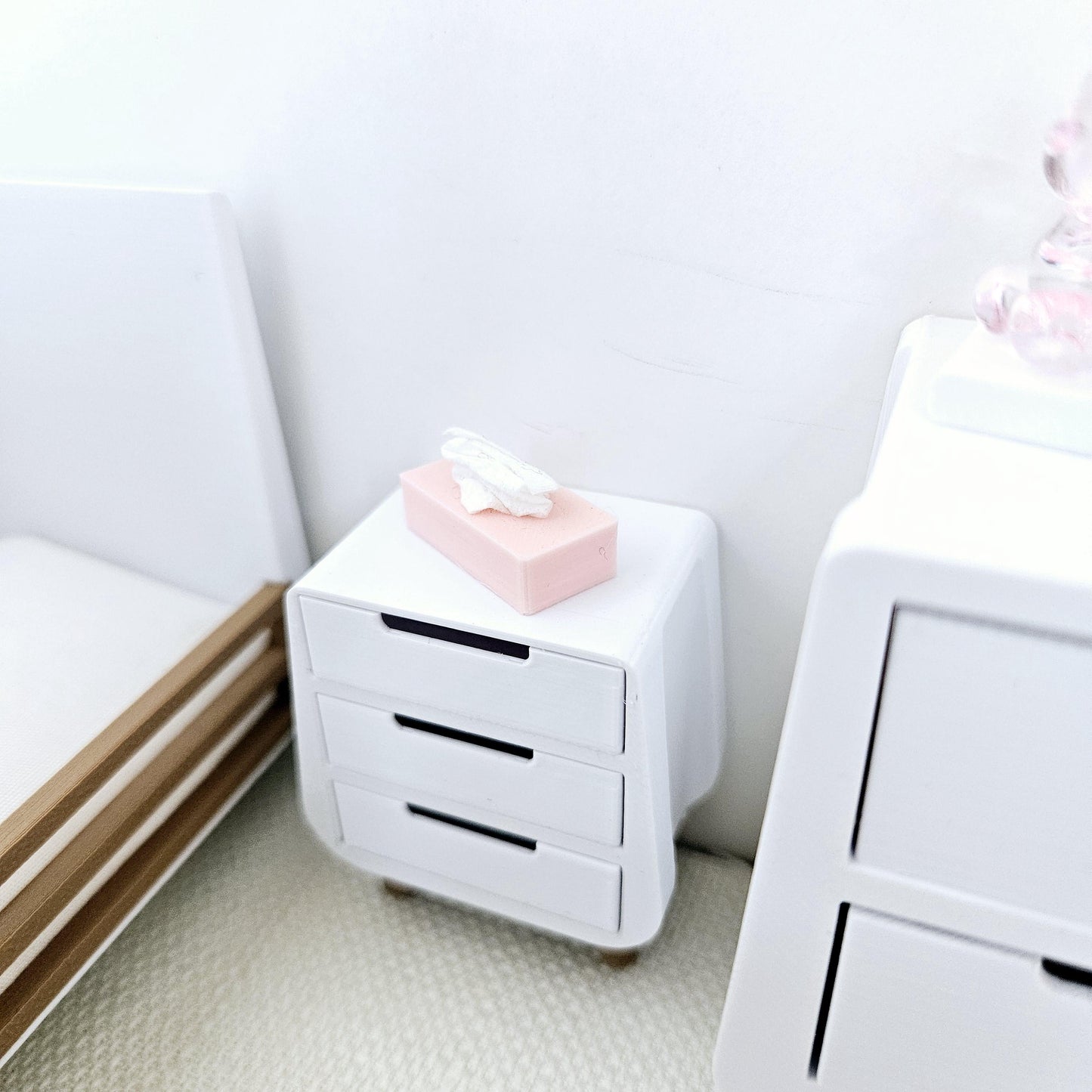 Dolls House 12th Scale Bedside Table - Inch Scale Night Stand - Modern 3 drawer unit
