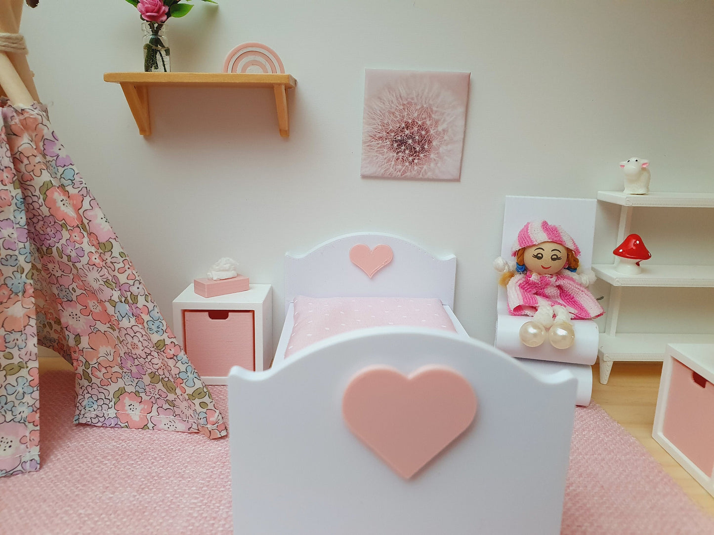 Dolls House Heart Junior Bed, Modern Doll House Furniture. 1:12th Scale, Miniature Bed