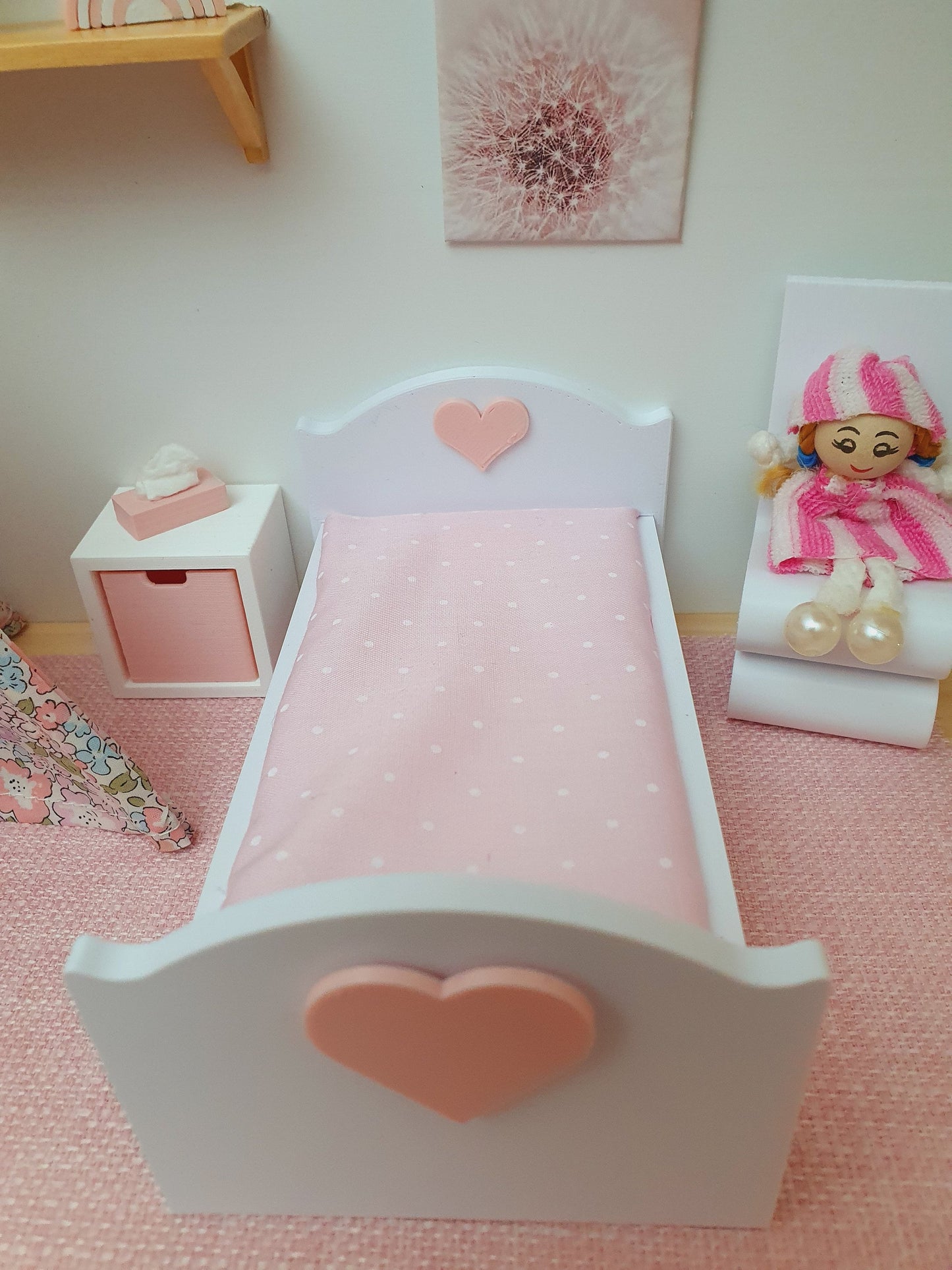 Dolls House Heart Junior Bed, Modern Doll House Furniture. 1:12th Scale, Miniature Bed