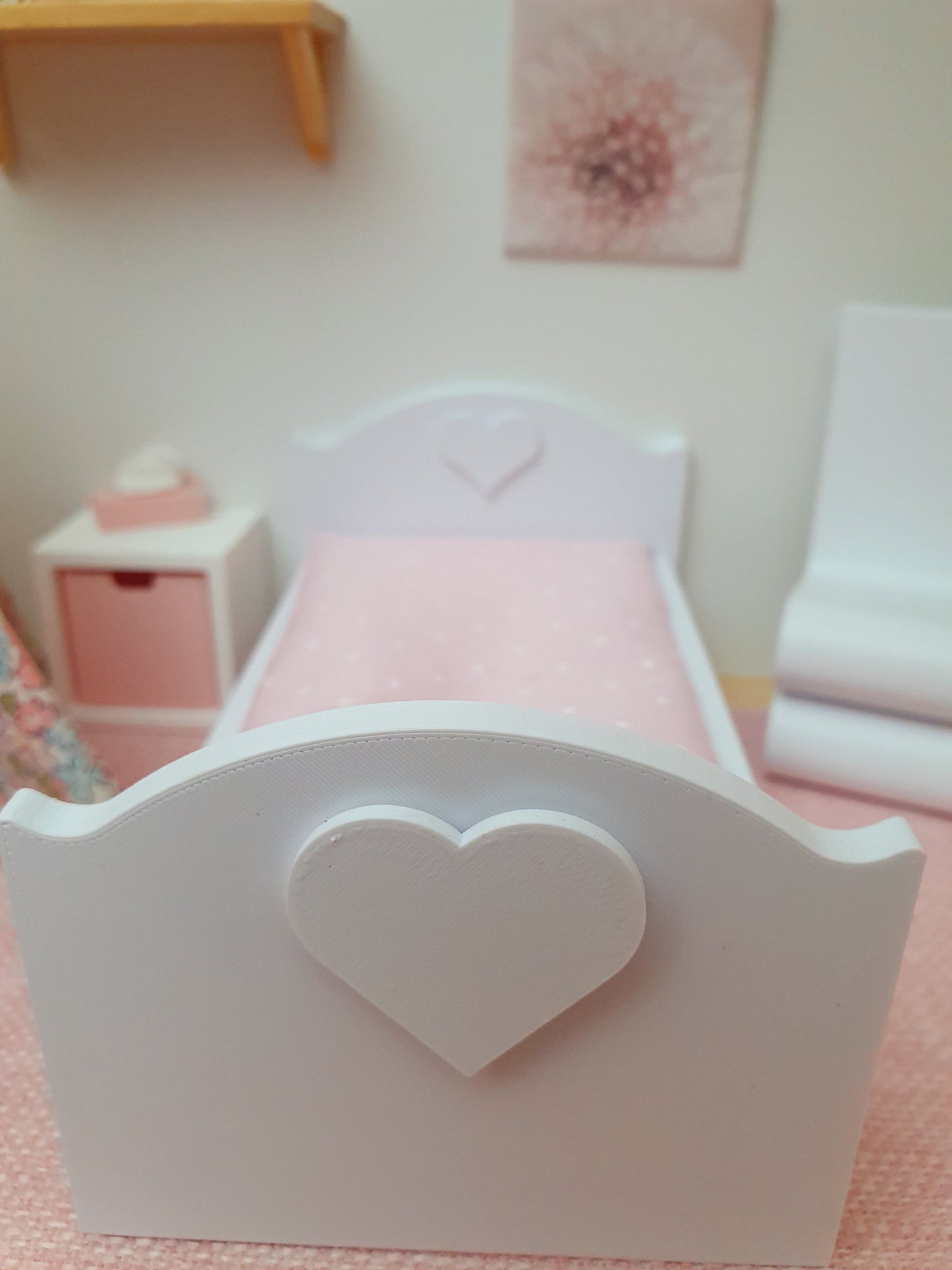 Dolls House Heart Junior Bed, Modern Doll House Furniture. 1:12th Scale, Miniature Bed