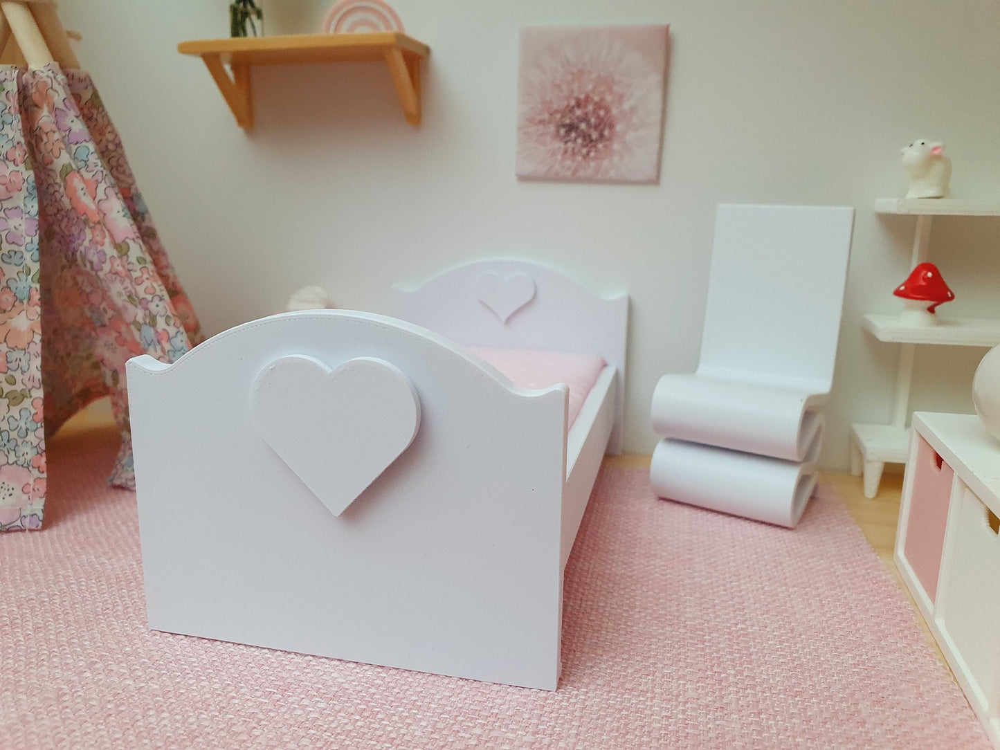 Dolls House Heart Junior Bed, Modern Doll House Furniture. 1:12th Scale, Miniature Bed