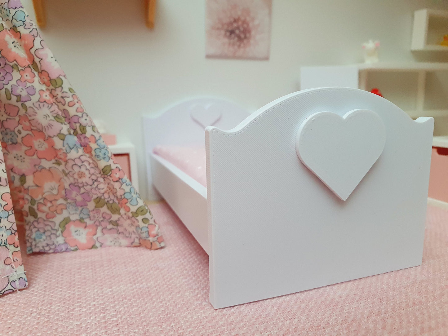 Dolls House Heart Junior Bed, Modern Doll House Furniture. 1:12th Scale, Miniature Bed