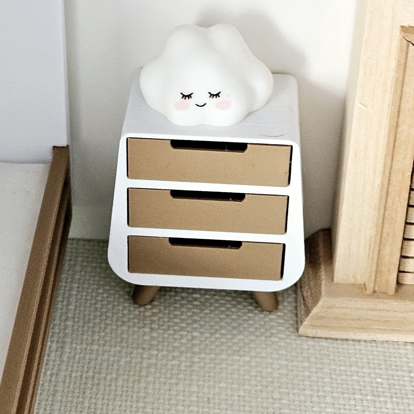 Dolls House 12th Scale Bedside Table - Inch Scale Night Stand - Modern 3 drawer unit