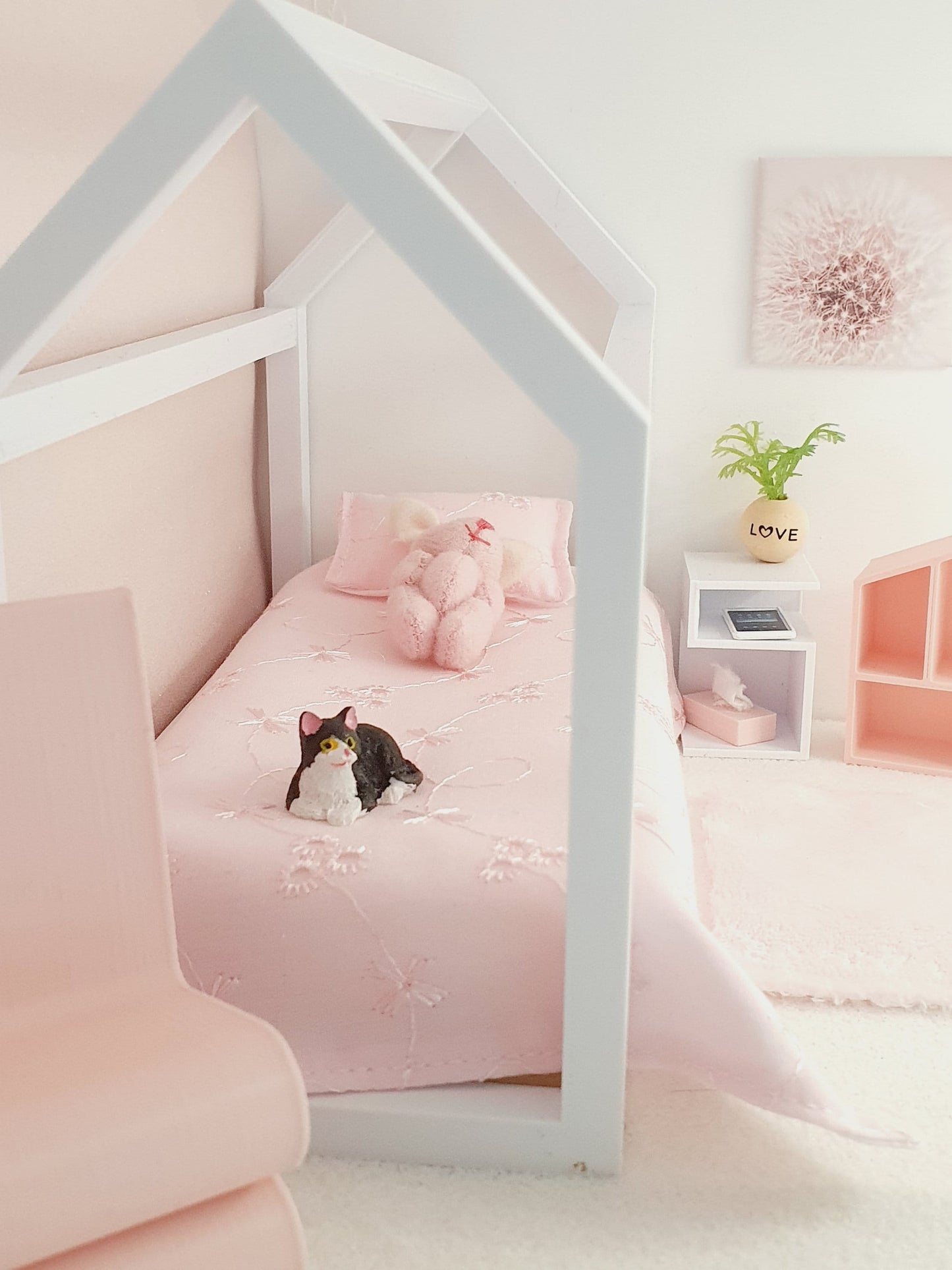 Dolls House Single House Bed with mattress, Choice of Colours, 1:12th Scale, Miniature Bed (BRHB)