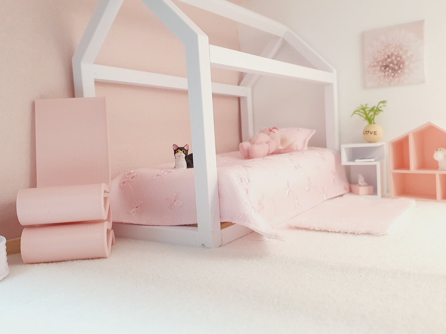 Dolls House Single House Bed with mattress, Choice of Colours, 1:12th Scale, Miniature Bed (BRHB)