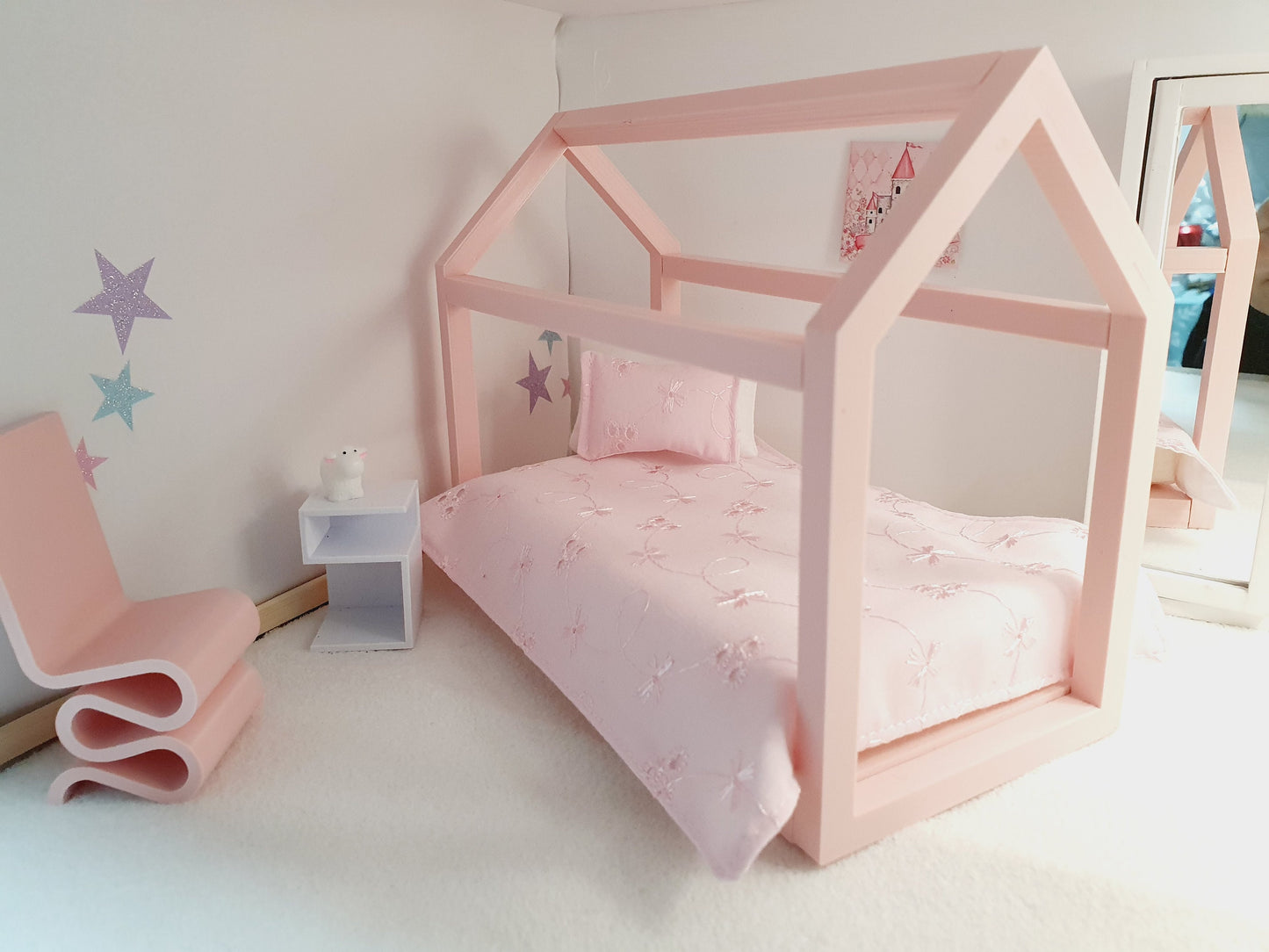 Dolls House Single House Bed with mattress, Choice of Colours, 1:12th Scale, Miniature Bed (BRHB)