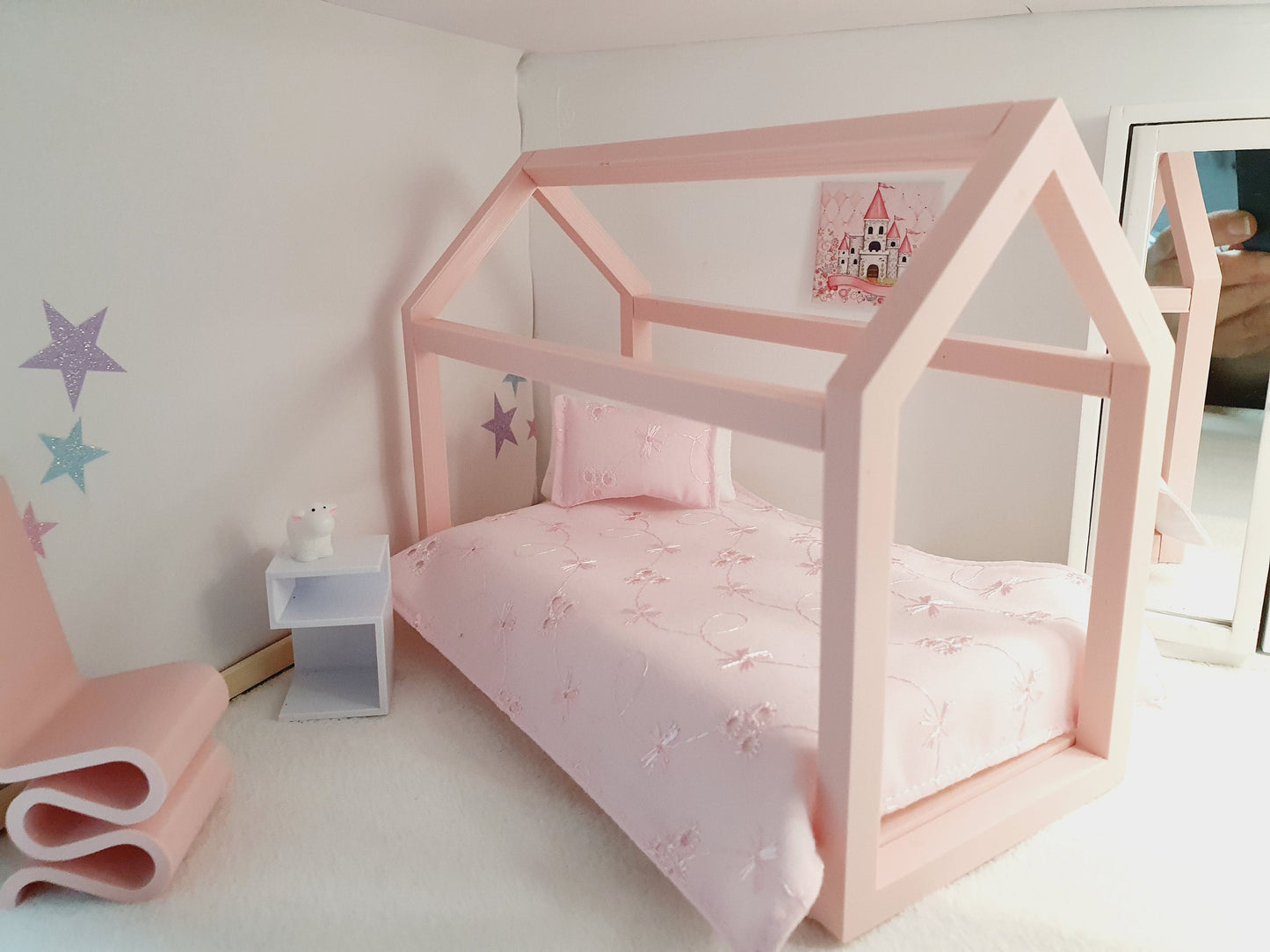 Dolls House Single House Bed with mattress, Choice of Colours, 1:12th Scale, Miniature Bed (BRHB)