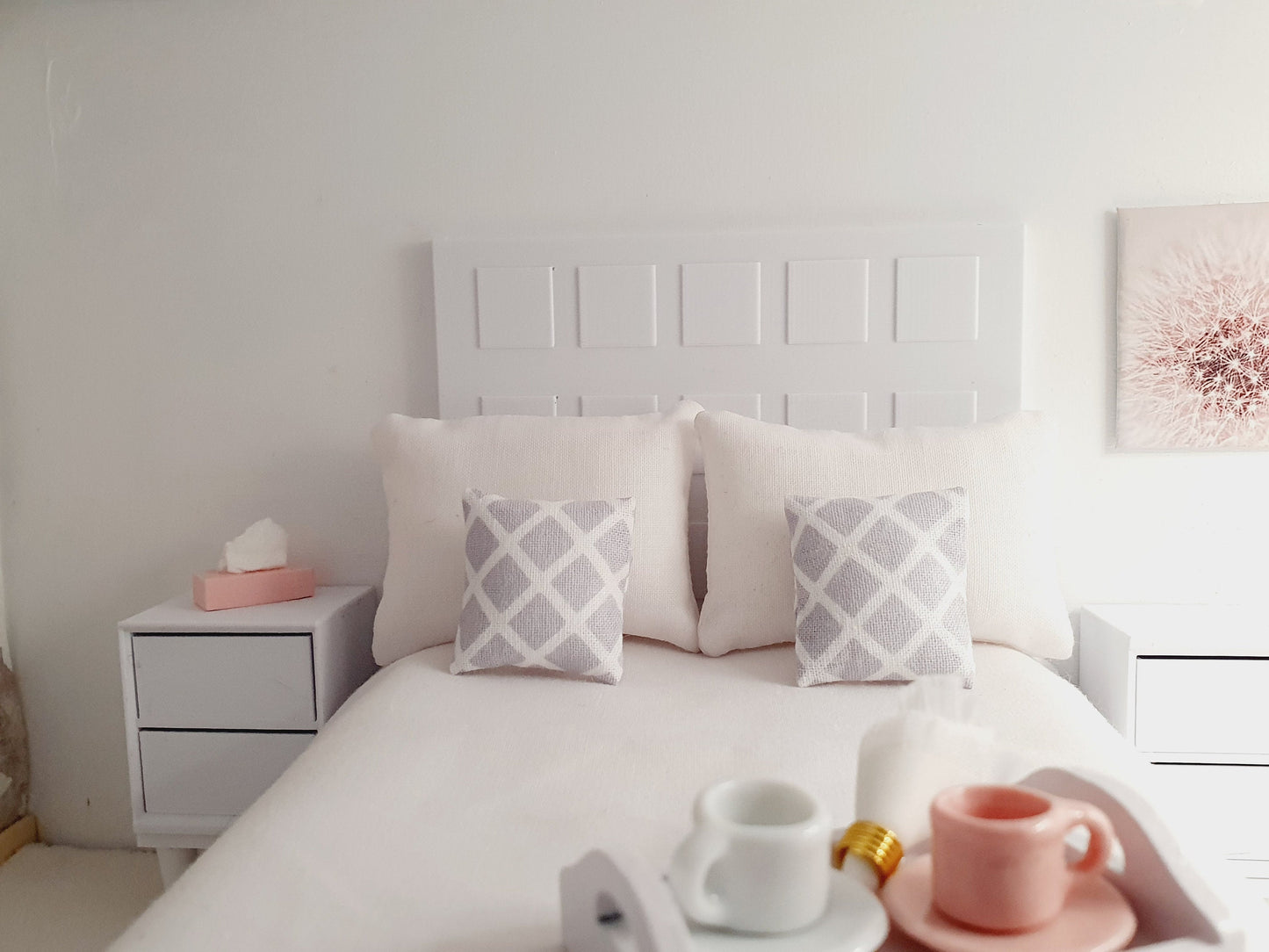 Dolls House Modern Choice of Colours, Double Bed High Headboard & Opening Drawers 1:12th Scale, Miniature Double Bed (BRTB)