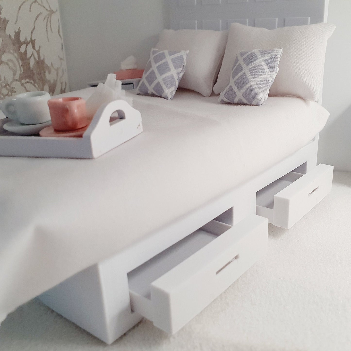 Dolls House Modern Choice of Colours, Double Bed High Headboard & Opening Drawers 1:12th Scale, Miniature Double Bed (BRTB)