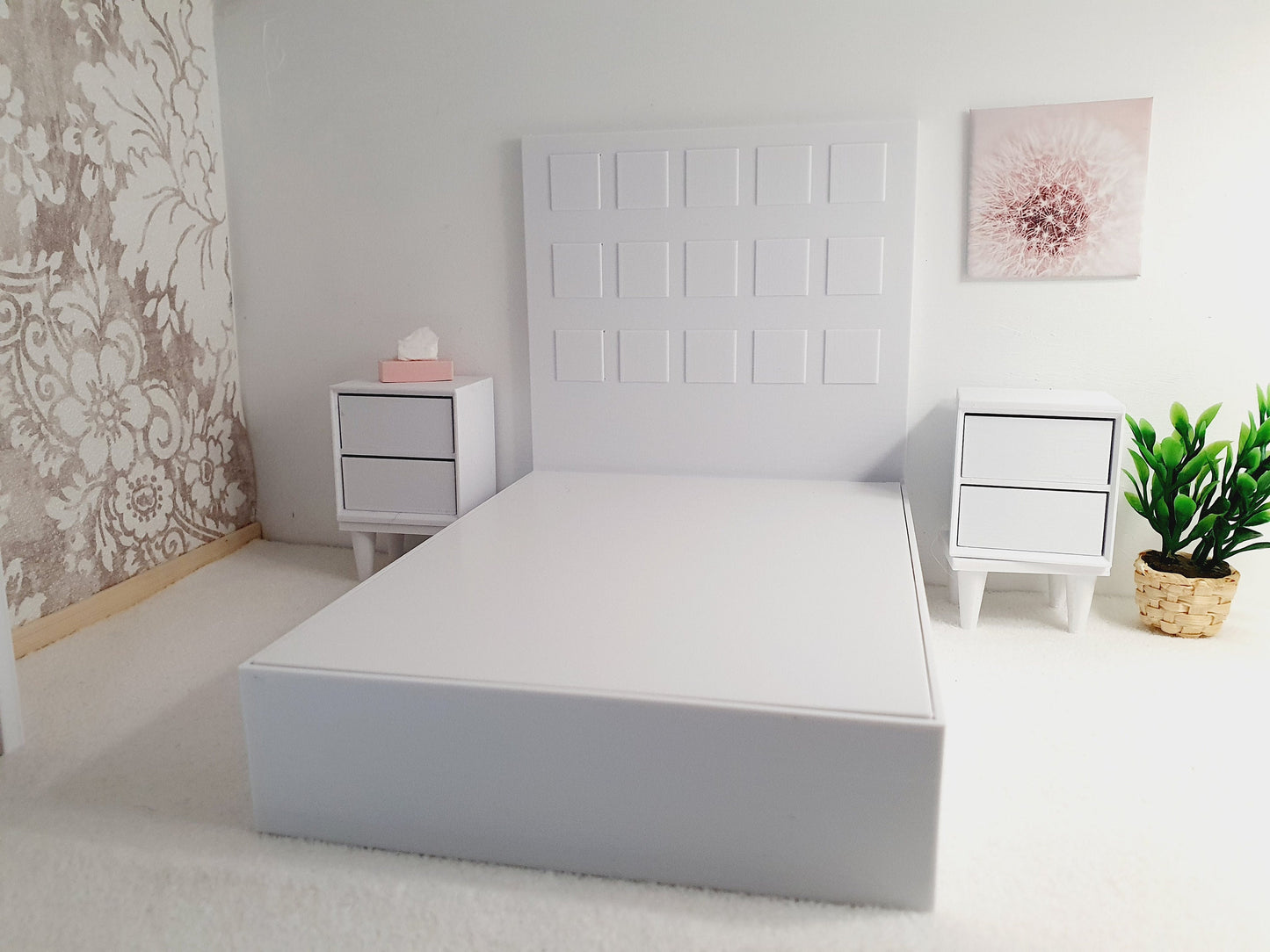 Dolls House Modern Choice of Colours, Double Bed High Headboard & Opening Drawers 1:12th Scale, Miniature Double Bed (BRTB)