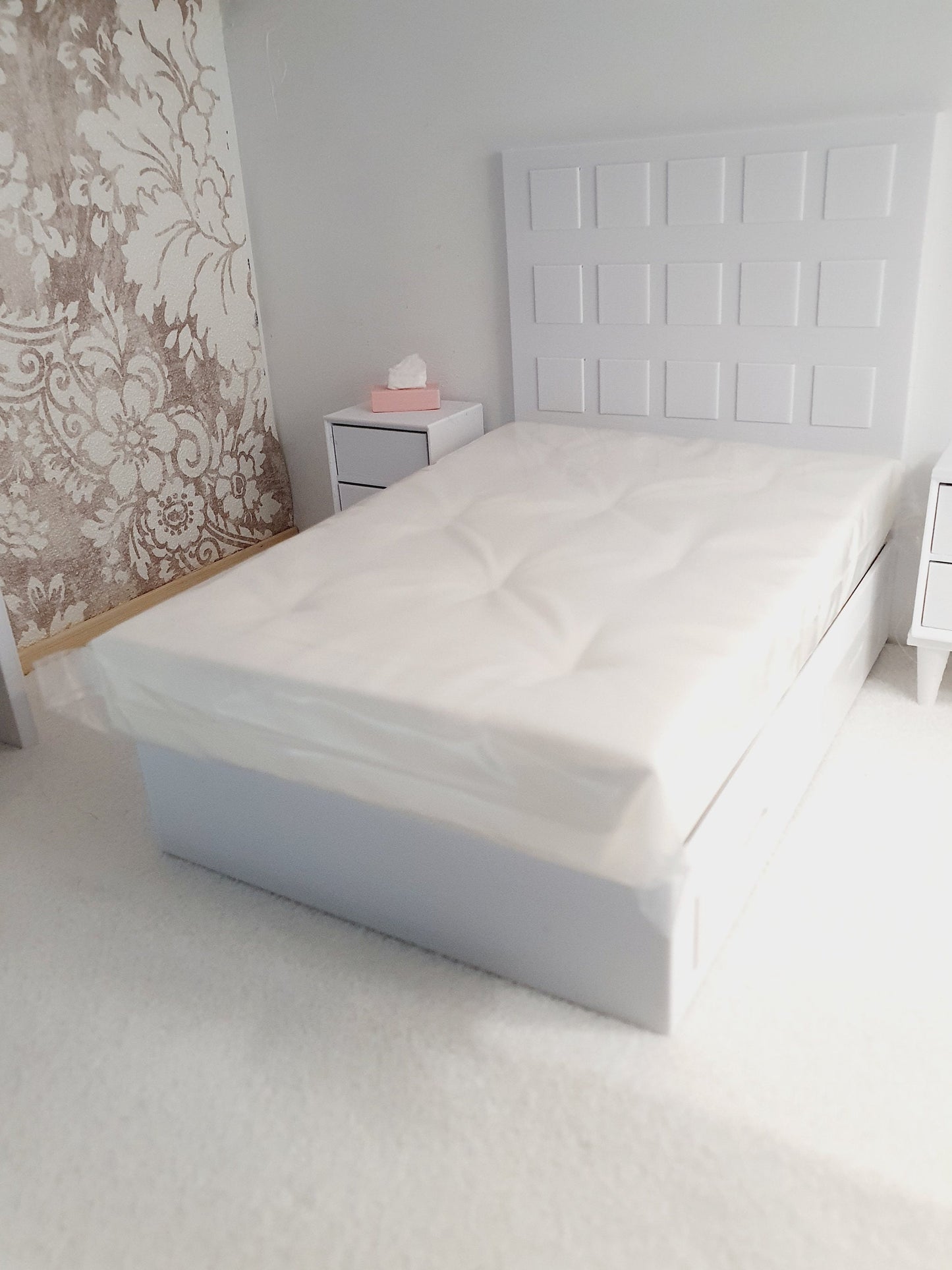 Dolls House Modern Choice of Colours, Double Bed High Headboard & Opening Drawers 1:12th Scale, Miniature Double Bed (BRTB)