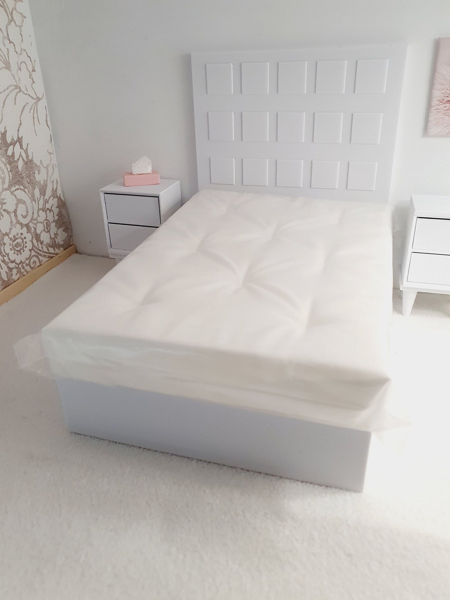 Dolls House Modern Choice of Colours, Double Bed High Headboard & Opening Drawers 1:12th Scale, Miniature Double Bed (BRTB)