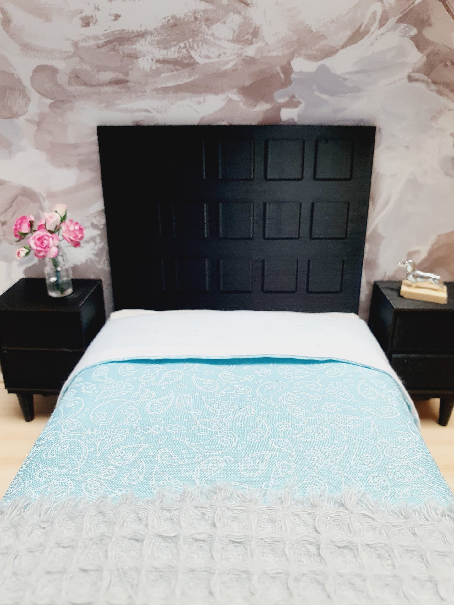 Dolls House Modern Choice of Colours, Double Bed High Headboard & Opening Drawers 1:12th Scale, Miniature Double Bed (BRTB)