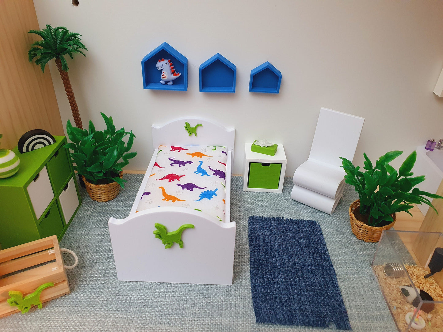Dolls House Dinosaur Junior Bed White, 1:12th Scale Children's furniture, Miniature Bed