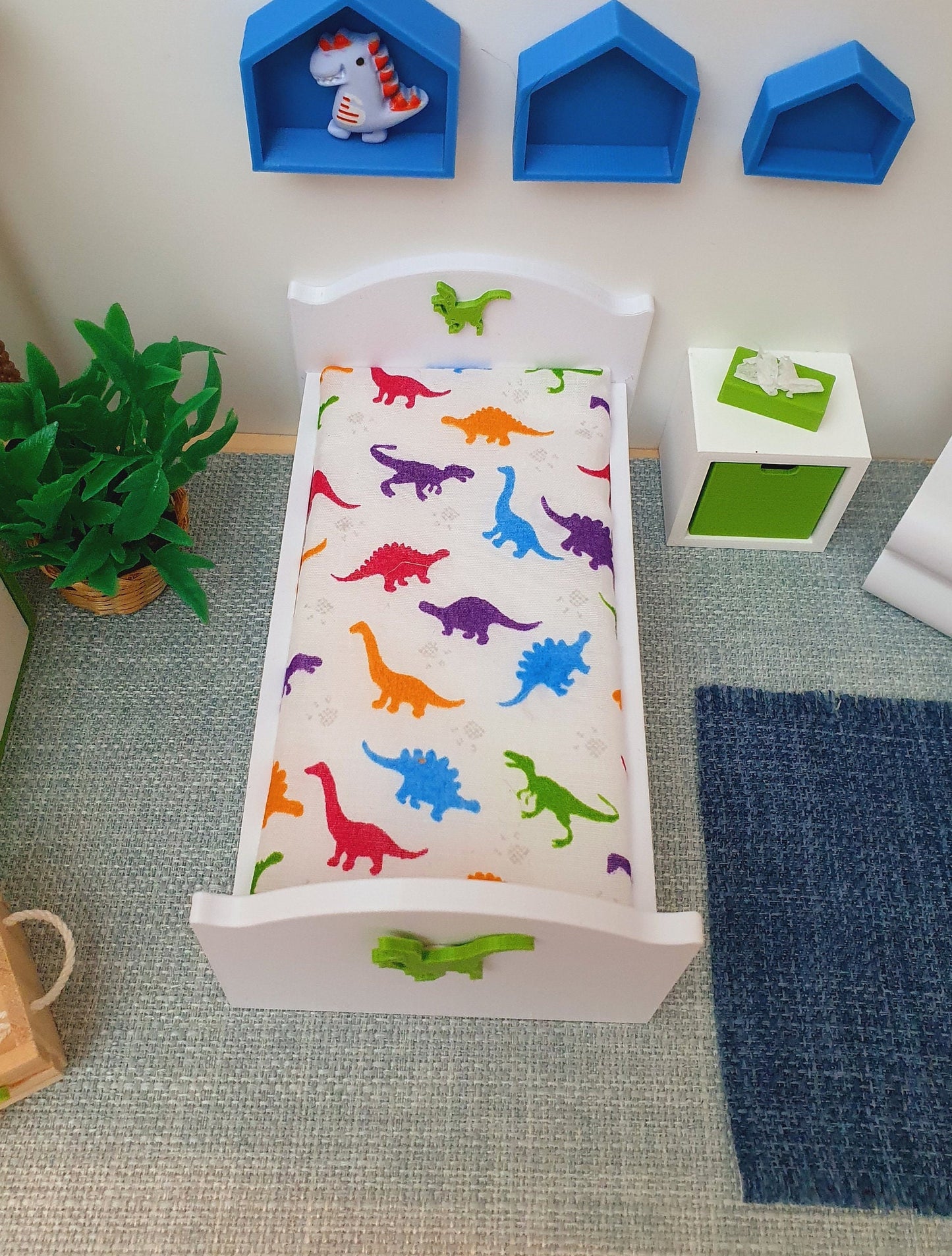 Dolls House Dinosaur Junior Bed White, 1:12th Scale Children's furniture, Miniature Bed