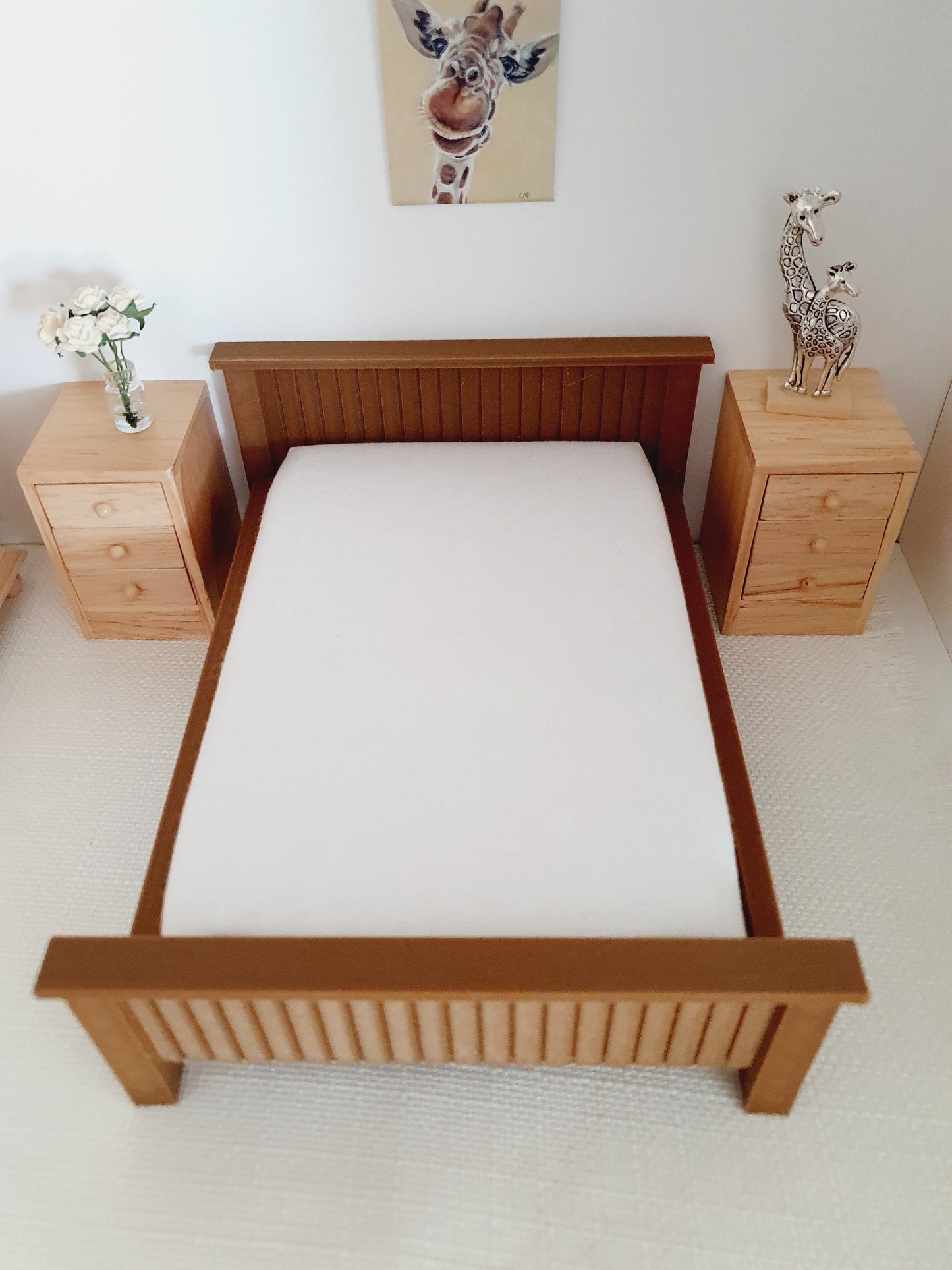 Dolls House Dark Wooden Effect Double Bed 1:12th Scale, Miniature Bed with White Mattress