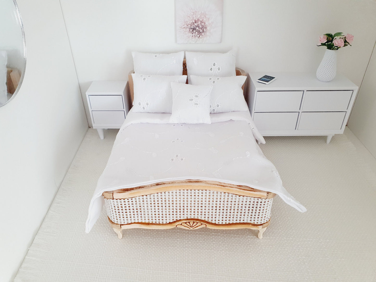 Dolls House Wooden Double Bed 1:12th Scale, Miniature Bed with Mattress (BRWB)