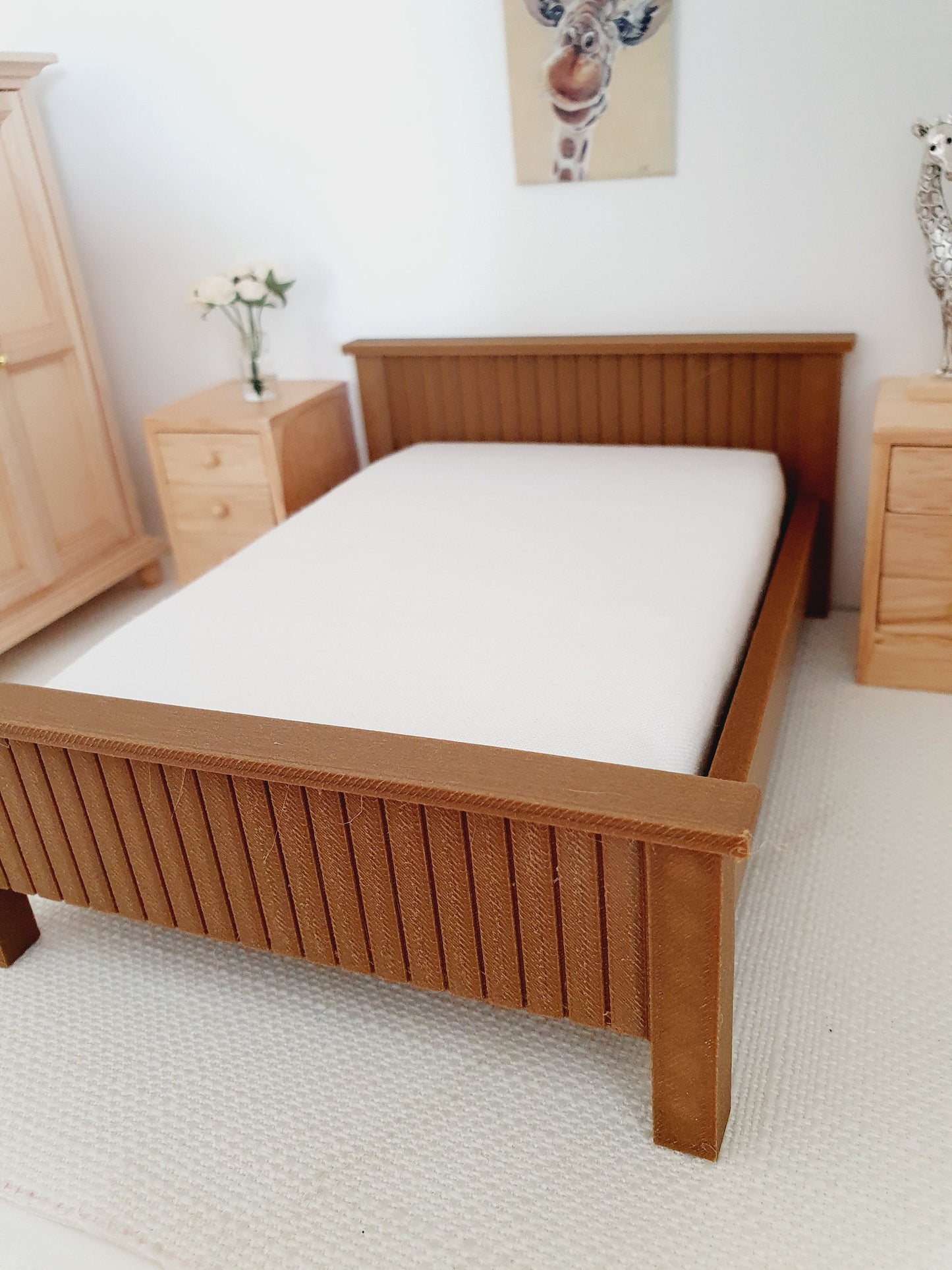 Dolls House Dark Wooden Effect Double Bed 1:12th Scale, Miniature Bed with White Mattress