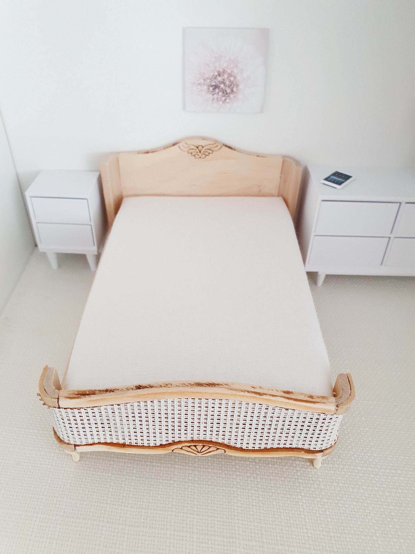 Dolls House Wooden Double Bed 1:12th Scale, Miniature Bed with Mattress (BRWB)